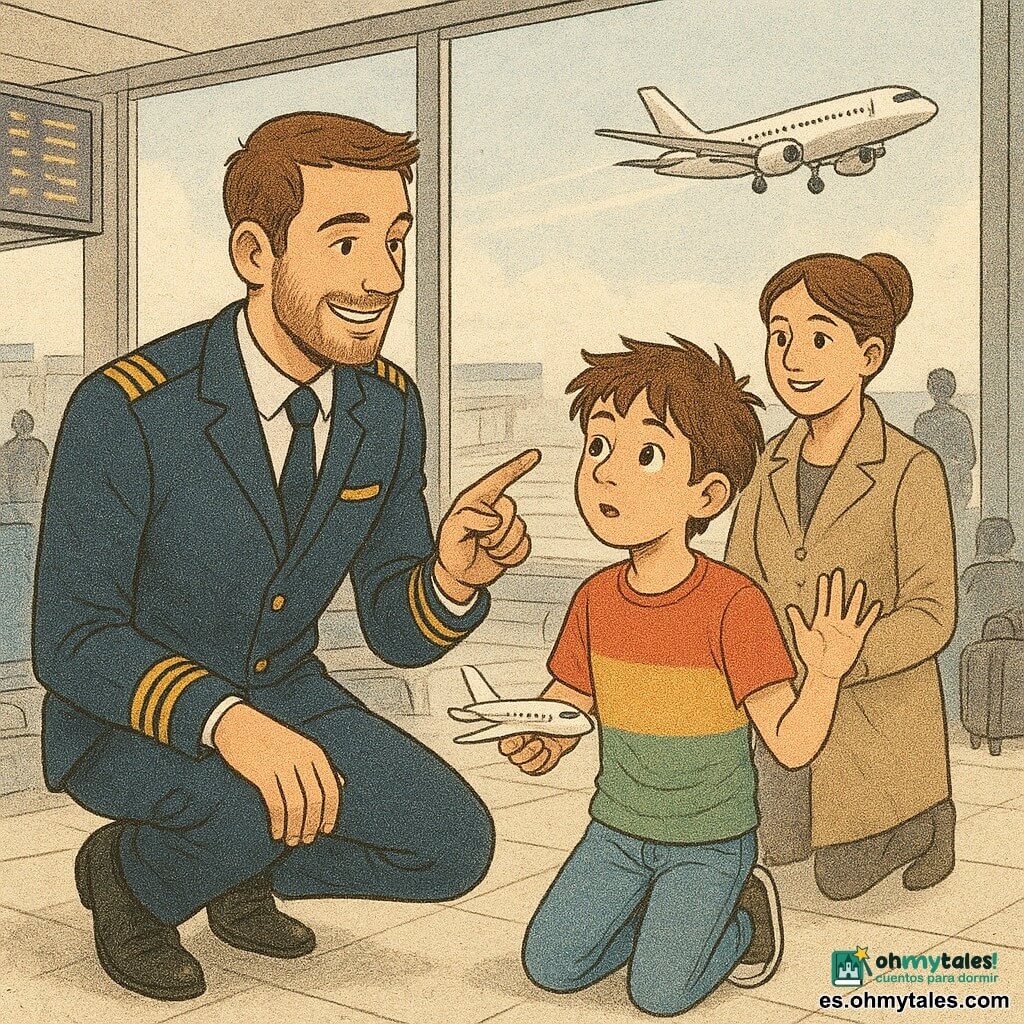 Un piloto alto, cabello castaño corto y barba ligera, con uniforme azul marino y galones dorados, sonriente y agachado mostrando un avión por la ventana a un niño de unos 10 años de ojos curiosos y cabello castaño despeinado que sostiene un avión de juguete y levanta la mano como preguntando; a la derecha y algo atrás, una mujer de treinta años con el pelo recogido y un abrigo ligero sonríe y pone la mano en el hombro del piloto; en un hall luminoso del aeropuerto con grandes cristaleras, un avión despega fuera y viajeros difuminados con maletas, momento tierno e inspirador con luz cálida, colores suaves y ambiente optimista, acabado tipo papel impreso y trazos ligeramente a lápiz.