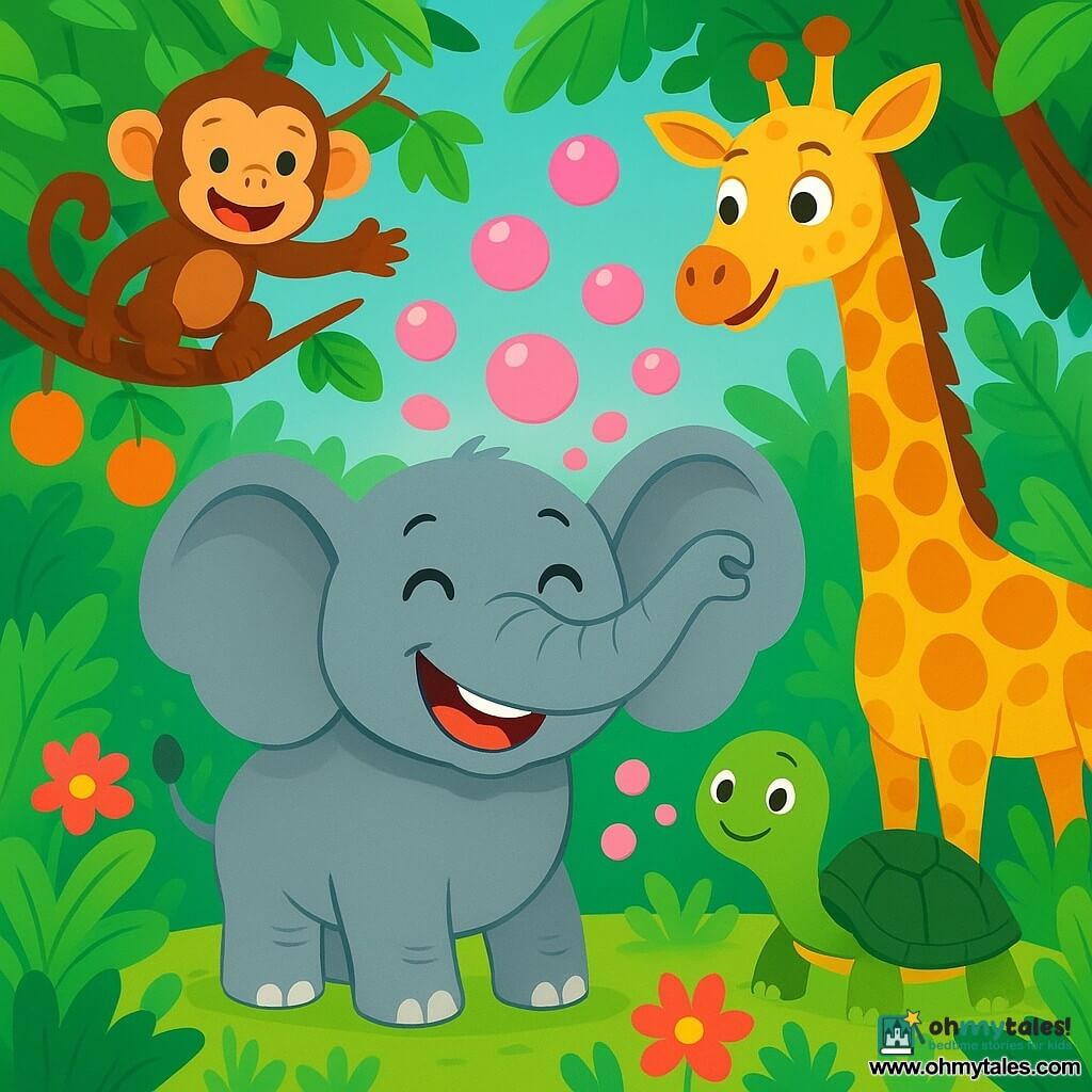 A joyful elephant with gray skin and large, sail-like ears stands at the center of the scene, its big smile revealing white, shiny teeth. It enthusiastically waves its trunk, with pink bubbles floating around it. Next to it, an elegant giraffe with a long neck and golden spots looks on with round, amused eyes and a smile. The backdrop is a vibrant jungle filled with lush green foliage, colorful flowers, and juicy fruits hanging from branches. In the background, curious animals like a playful monkey and a slow turtle approach to see the spectacle. The elephant has just sneezed, causing pink bubbles to burst joyfully in the air, creating a festive and cheerful atmosphere.