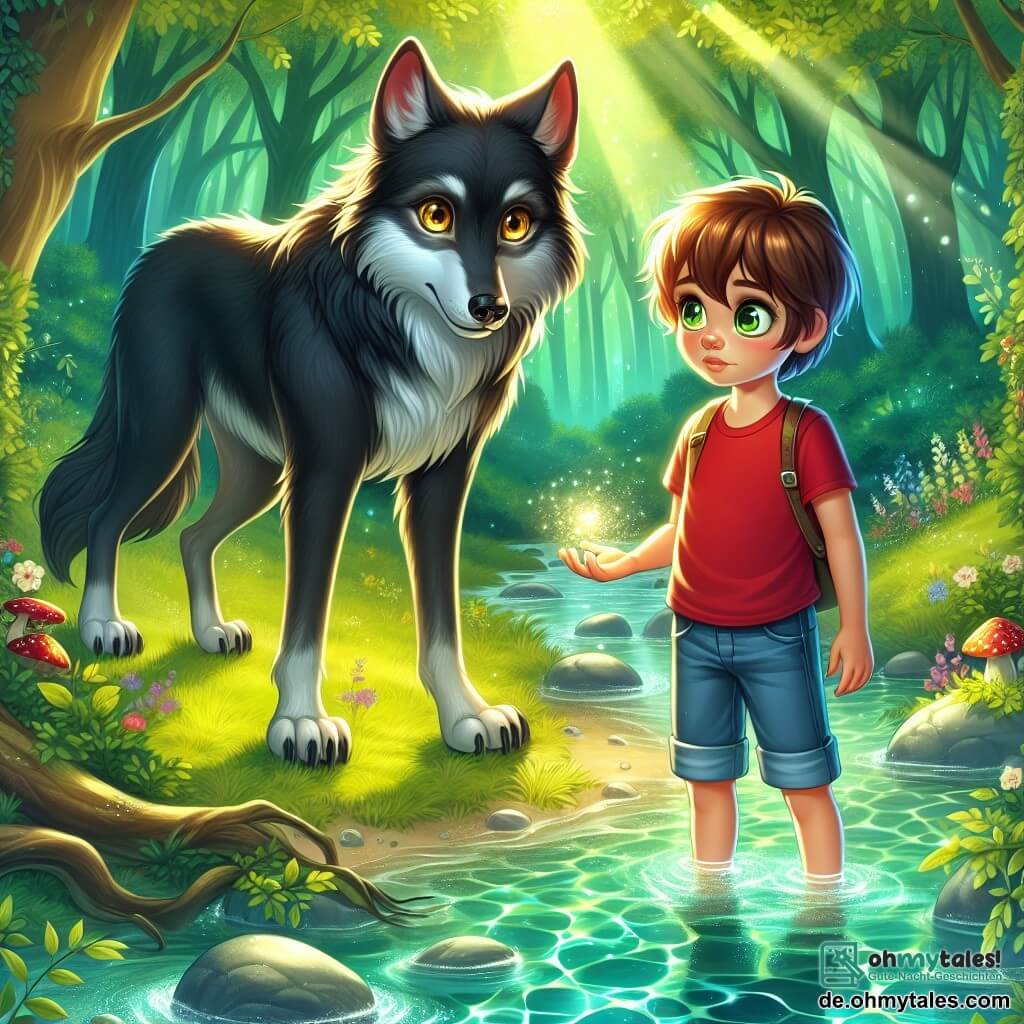 Ein 8-jähriger Junge namens Felix mit kastanienbraunen Haaren und neugierigen Augen steht am Ufer eines klaren Baches in einem verwunschenen Wald. Er trägt ein rotes T-Shirt und eine Jeansshorts, und sein Gesicht zeigt sowohl Staunen als auch leichte Besorgnis. Neben ihm steht ein großer, glänzend schwarzer Wolf mit goldenen, weise und freundlich wirkenden Augen. Der Wolf steht stolz und leicht geneigt zu Felix, als wolle er ihn beschützen. Die Szene spielt in einem dichten Wald, wo Sonnenstrahlen durch das grüne Laub filtern und leuchtende Muster auf den mit Blättern bedeckten Boden werfen. Bunte Blumen und magische Pilze schmücken die Landschaft und verleihen der Umgebung einen Hauch von Märchenhaftigkeit. Felix, der einen kleinen, funkelnden Stein in seiner Hand hält, schaut den Wolf mit einem entschlossenen Ausdruck an, bereit, die Geheimnisse des Waldes zu entdecken und seine Ängste zu überwinden. Der Wolf, in freundlicher Haltung, scheint Felix zu ermutigen, gemeinsam in ihr Abenteuer aufzubrechen.