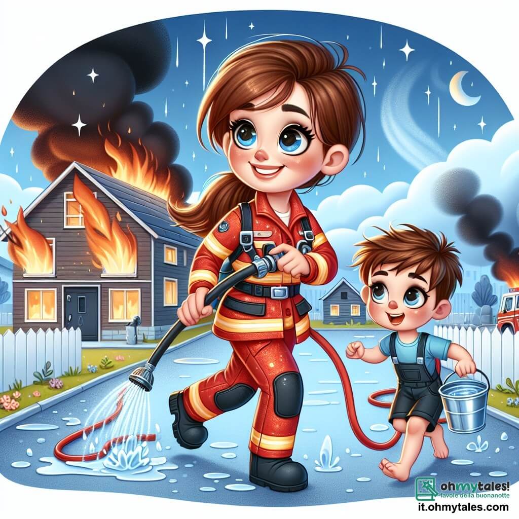 Clara, una coraggiosa pompiera di circa trent'anni, è in primo piano, con un grande sorriso sul volto e i capelli castani raccolti in una coda di cavallo. Indossa un'uniforme rosso vivo, scintillante al sole, e tiene un tubo antincendio con determinazione, pronta a spegnere le fiamme. Accanto a lei, Luca, un ragazzo di dieci anni con occhi brillanti di eccitazione, corre con secchi d'acqua, i capelli castani in disordine. Indossa una maglietta blu e un pantaloncino, guardando Clara con ammirazione, orgoglioso di aiutare. Sullo sfondo, una piccola casa è circondata da fiamme arancioni e rosse, con fumi neri che si alzano verso il cielo blu. I vicini preoccupati si tengono a distanza, osservando la scena con espressioni di sollievo e speranza. La scena principale mostra Clara e Luca in azione, combattendo un incendio con coraggio e determinazione, illustrando lo spirito di squadra e il dedizione dei pompieri.