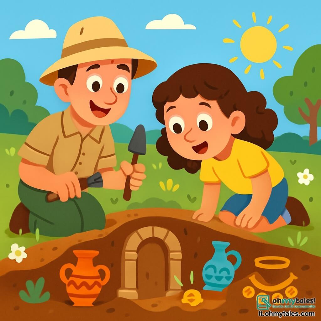 Un archeologo sorridente con occhi curiosi indossa un grande cappello beige e una camicia a maniche corte. È accovacciato, con una piccola pala in una mano e un pennello nell'altra, pronto a scoprire un tesoro sepolto. Accanto a lui, una bambina di 8 anni con capelli ricci e una maglietta gialla osserva con meraviglia un'antica moneta che brilla nel terreno. La scena si svolge in un campo verde punteggiato di fiori selvatici, sotto un cielo blu chiaro e soleggiato, con dolci colline e alberi frondosi sullo sfondo. L'archeologo e la bambina stanno scoprendo una porta di pietra antica, nascosta sotto terra, circondata da resti di oggetti etruschi colorati, come vasi e gioielli, che emergono lentamente dal suolo. L'atmosfera è carica di avventura e mistero, con un palpabile senso di gioia e scoperta.