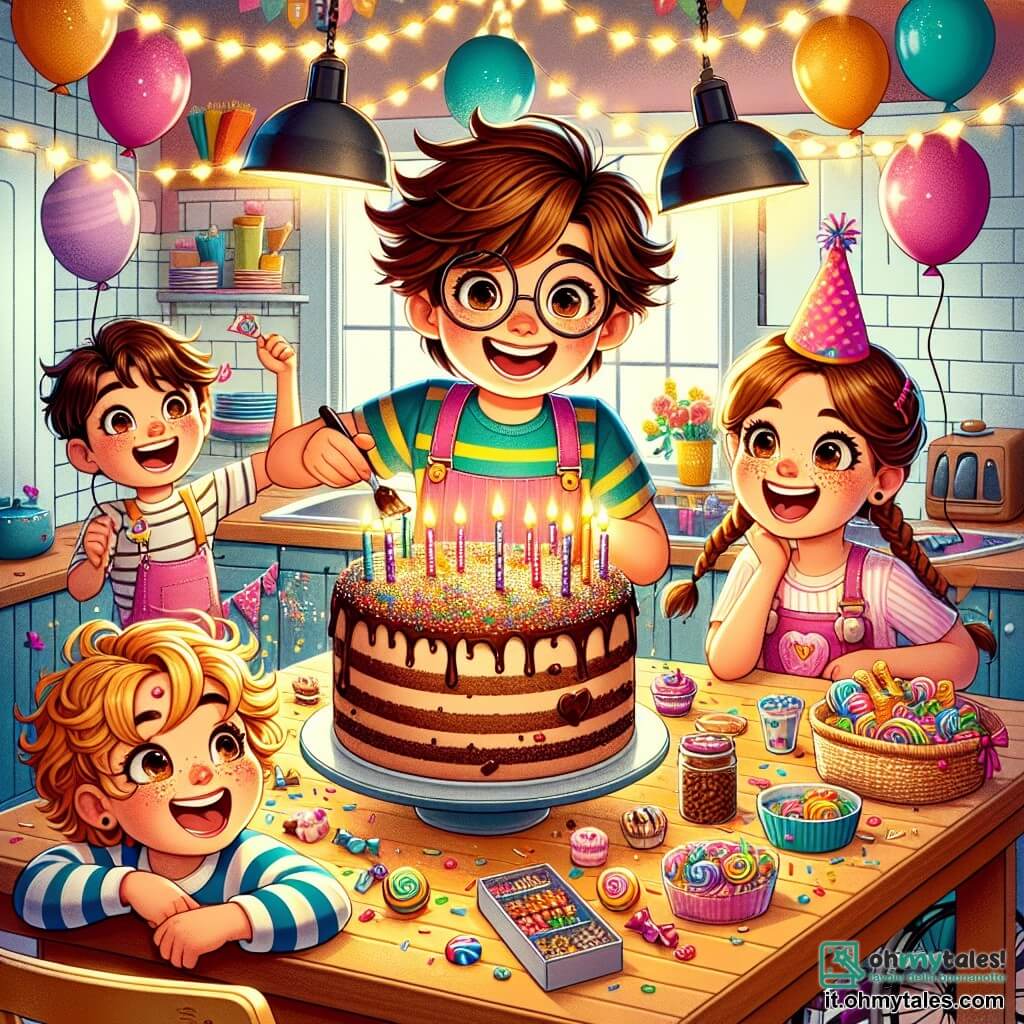In una cucina colorata e gioiosa, Marco, un ragazzo di 8 anni con capelli castani disordinati e occhiali, è al centro dell'immagine, sorridente mentre decora una grande torta al cioccolato con confetti multicolori. Alla sua destra, Sara, una ragazza di 7 anni con capelli biondi intrecciati e un vestito rosa, lo aiuta mettendo le candeline sulla torta con entusiasmo. A sinistra, Giulia, una ragazza di 8 anni con capelli castani ricci e una maglietta a righe, guarda con meraviglia, gli occhi brillanti di gioia. Più lontano, Luca, un ragazzo di 7 anni sulla sedia a rotelle, sorride tenendo un grande sacco di caramelle, pronto a condividerle con i suoi amici. La cucina è piena di decorazioni per il compleanno: palloncini colorati fluttuano dal soffitto, festoni scintillanti adornano le pareti e un grande tavolo è coperto di dolci e prelibatezze. La luce del sole filtra attraverso le finestre, creando un'atmosfera calda e festosa. La scena principale mostra Marco e i suoi amici intenti a preparare la festa di compleanno, circondati da risate e felicità, mentre si apprestano a celebrare questo momento speciale insieme.