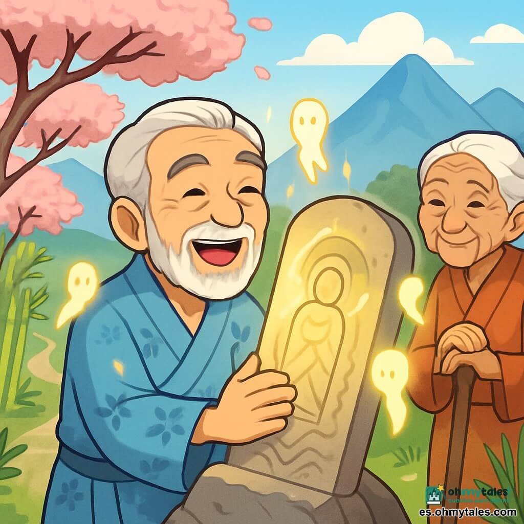 Un hombre anciano, Akihiro, con cabello gris y barba bien cuidada, se encuentra de pie frente a una gran estela antigua, su rostro irradia orgullo y satisfacción. Lleva un kimono azul claro con motivos florales, y sus ojos brillan de emoción. Cerca, una mujer anciana, con cabello blanco y un rostro arrugado lleno de sabiduría, observa a Akihiro con una sonrisa benevolente, sus manos apoyadas en un bastón de madera. El fondo es un paisaje montañoso japonés, con cumbres majestuosas bajo un cielo azul claro, cerezos en flor con pétalos rosas flotando en el aire, y un sendero sinuoso bordeado de bambúes verdes. La escena principal muestra a Akihiro levantando la estela caída, rodeado de una luz suave, mientras espíritus del bosque, representados por sombras luminosas, parecen animarlo en su tarea.