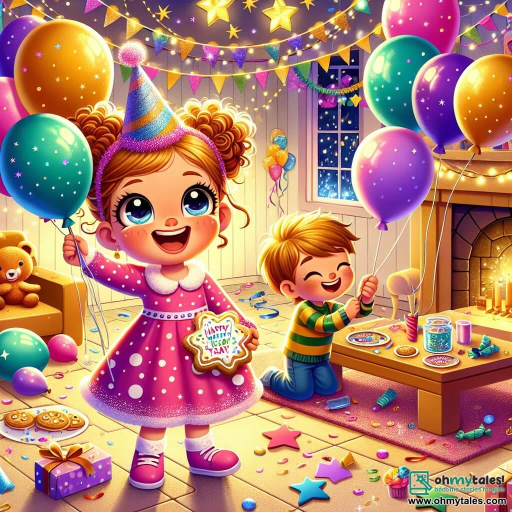 A 6-year-old girl named Lily, with big bright eyes and curly hair, smiles excitedly while holding colorful balloons. She wears a pink polka-dot dress and a sparkling party hat. Next to her, her friend Max, a 6-year-old boy with blonde hair and round glasses, laughs while holding a paper garland. Emily, another 6-year-old friend with brown braids, decorates a cookie with colorful icing, sitting on the floor near Lily. 

The scene takes place in a cozy living room decorated with sparkling garlands and floating balloons, featuring a large table filled with delicious cookies and fizzy drinks. The walls are adorned with golden stars and multicolored streamers, creating a festive and joyful atmosphere. 

Lily and her friends are busy preparing for the New Year’s party, filled with joy and excitement, ready to celebrate together with laughter and bright smiles.