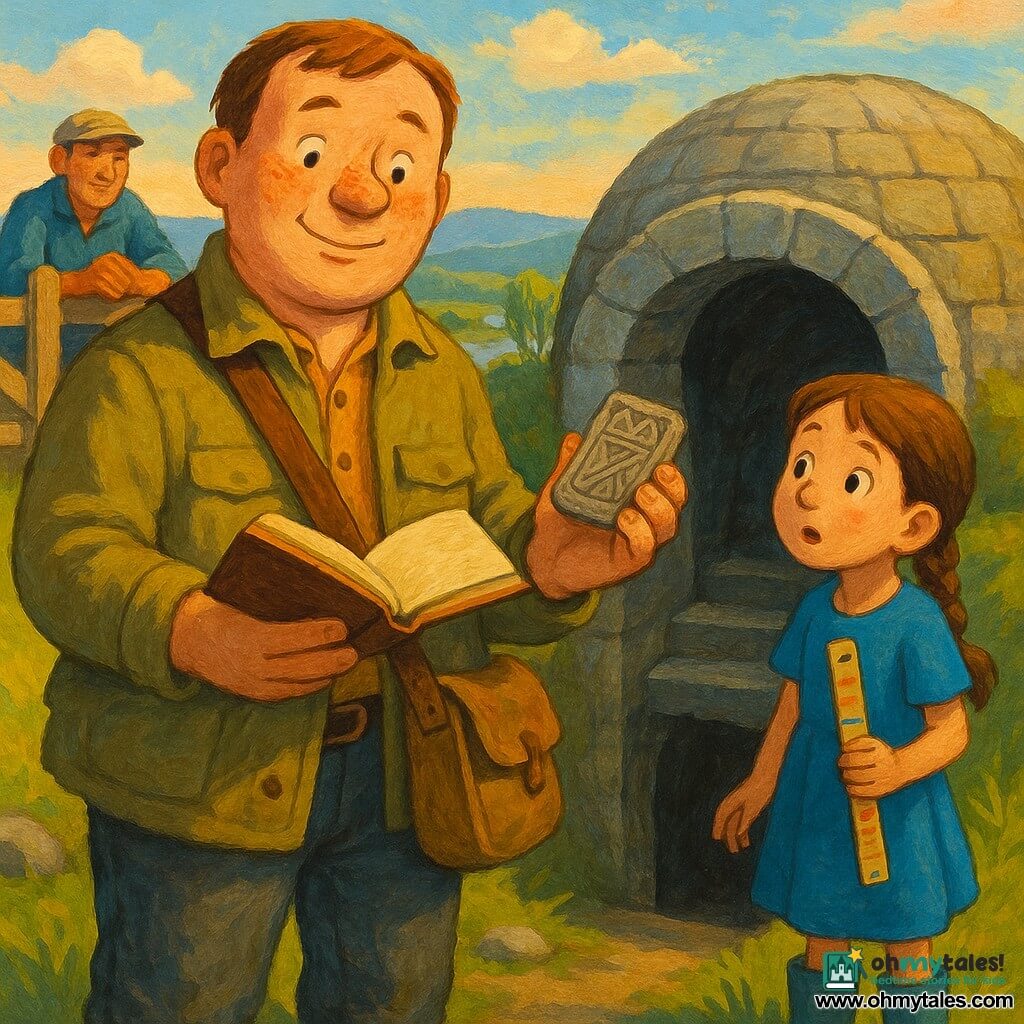 Milo, round-faced with freckles, a calm smile and curious eyes, wears a slightly dusty khaki jacket and a canvas shoulder bag, holding an open notebook and a small carved stone tablet as he stands confidently before the half-open entrance of a semi-buried grey stone dome; a nine-year-old girl with braided brown hair, a blue dress and rubber boots stands to his right in the grass, wide-eyed with wonder and holding a painted ruler, while an older farmer of about fifty in a canvas cap, with tanned skin and rough hands, leans against a wooden gate in the background listening and nodding; they are on a small grassy hill with mossy stones overlooking a valley with a shimmering river, willow-lined banks and bluish hills, the scene lit by soft afternoon light with long shadows, warm colors and rough stone and crushed grass textures, conveying a calm, hopeful atmosphere of exploration.