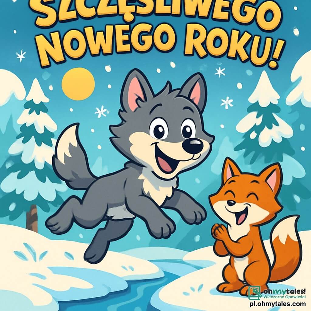 Młody wilk o imieniu Łapek, z błyszczącymi oczami i jedwabiście szarym futrem, radośnie skacze nad małym strumieniem, z szerokim uśmiechem na twarzy, pokazując swoje podekscytowanie z okazji Nowego Roku. Obok niego figlarna lisica o imieniu Zosia, z jaskrawopomarańczowym futrem i przebiegłymi oczami, klaska w dłonie, śmiejąc się i zachęcając Łapka do skakania. W tle lśni zaśnieżony las pod zimowym słońcem, z drzewami pokrytymi śniegiem i delikatnie opadającymi płatkami. Scena rozgrywa się na małej polanie, gdzie gromadzą się zwierzęta przyjaciół, tworząc radosną i świąteczną atmosferę, pełną śmiechu i przyjaźni.