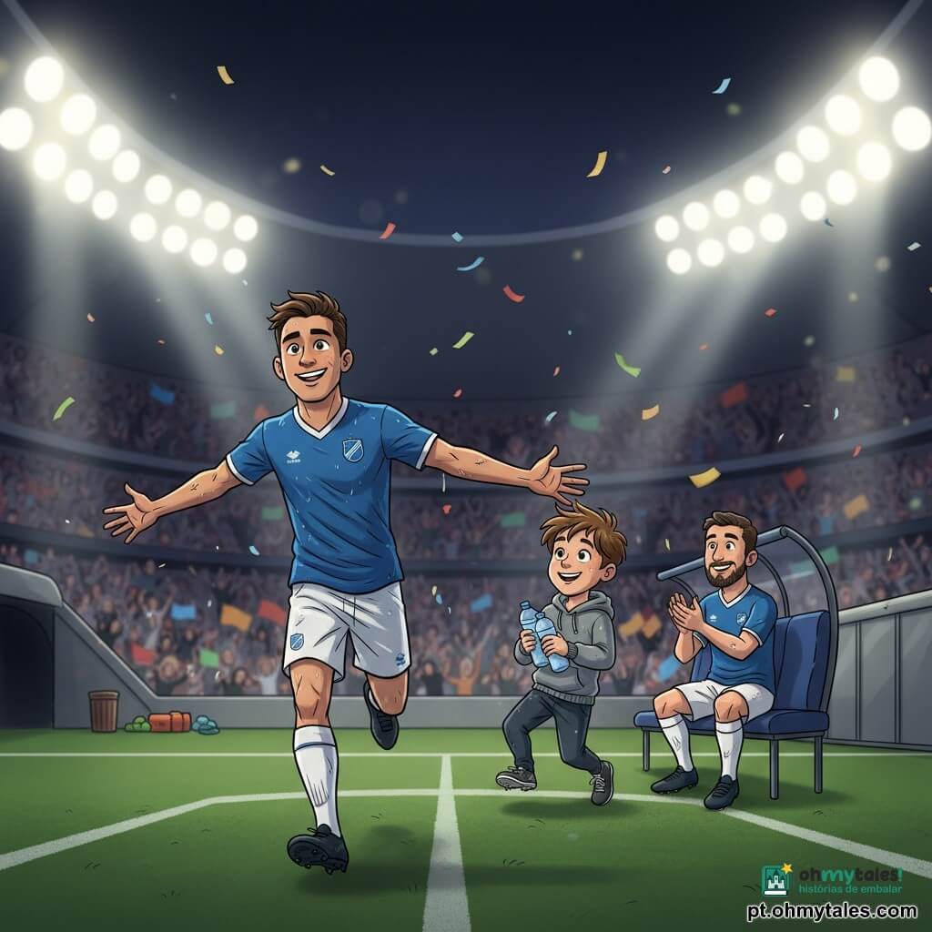 Um homem, Tomás, rosto sorridente e determinado, olhos brilhantes, pele levemente bronzeada, cabelos curtos castanhos, com uniforme completo de futebol azul e branco, corre de braços abertos celebrando um golo; um rapaz de ~14 anos, Tiago, cabelo castanho desgrenhado, pele clara, magro, de roupa de apoio logístico (sweat cinzento e calças de treino), segura garrafas de água junto ao banco, saltitando de alegria e olhando para Tomás; um jogador/capitão adulto, Rui, ~28 anos, barba por fazer, com camisola combinando, aplaude sorrindo atrás de Tiago; estádio grande à noite com holofotes brancos e amarelos, relvado verde vivo com riscas brancas, bancadas cheias desfocadas com bandeiras, túnel escuro à esquerda e corredor cinzento à direita; cena pós-golo animada, multidão a saltar, confetes e faixas, iluminação dramática e cores saturadas, ambiente alegre e seguro.