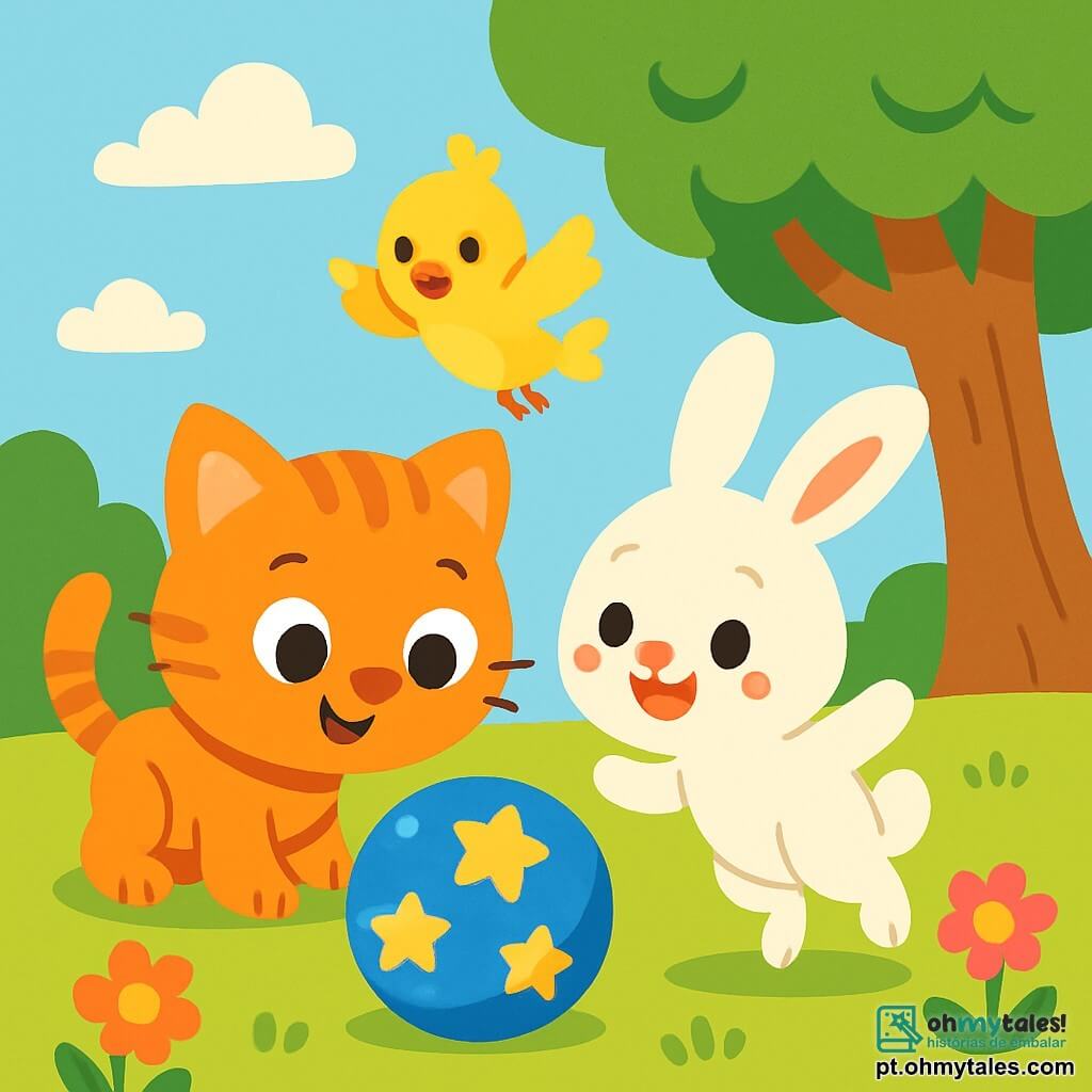 Um pequeno gatinho laranja, Leo, com grandes olhos curiosos e um sorriso alegre, se inclina em direção a uma bela bola azul decorada com estrelas douradas, seu rosto iluminado pela excitação. Ao lado dele, uma coelhinha branca e elegante, Bia, com orelhas longas e um olhar maravilhado, salta alegremente, com as patas traseiras no ar. Um pequeno pássaro amarelo, Tom, com plumagem brilhante e olhos cintilantes, voa logo acima deles, cantando alegremente. A cena ocorre em um parque ensolarado, repleto de flores coloridas e árvores verdes, sob um céu azul claro e algumas nuvens fofas. No centro, Leo, Bia e Tom descobrem juntos a bola mágica sob uma grande árvore, seus rostos radiantes de entusiasmo e curiosidade, prontos para desvendar o mistério de sua origem.