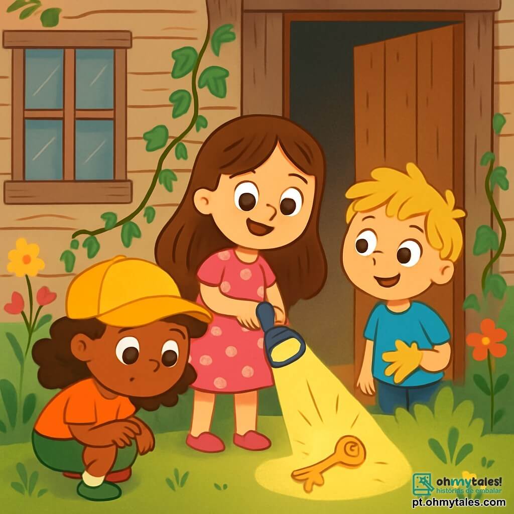 Há 3 personagens: - Mia: uma menina de 7 anos, com cabelos longos e castanhos e olhos brilhantes. Ela usa um vestido rosa com bolinhas e segura uma lanterna. Ela está em frente à porta da casa. - Tom: um menino de 6 anos, com cabelos loiros bagunçados e uma camiseta azul. Ele olha para a porta com curiosidade, sorrindo. Ele está um pouco atrás, ao lado de Mia. - Lila: uma menina de 7 anos, com cabelos cacheados e um boné amarelo. Ela está agachada, examinando o chão com uma expressão concentrada, logo atrás de Tom. O local é em frente a uma velha casa de madeira, com paredes desgastadas e janelas empoeiradas. Cipós sobem pelas paredes e flores silvestres crescem ao redor. A porta de madeira está ligeiramente entreaberta, deixando ver uma luz misteriosa dentro. A cena principal mostra as três crianças descobrindo uma chave brilhante no chão, bem em frente à porta. Elas estão animadas e curiosas, prontas para entrar na aventura que as espera dentro da casa.