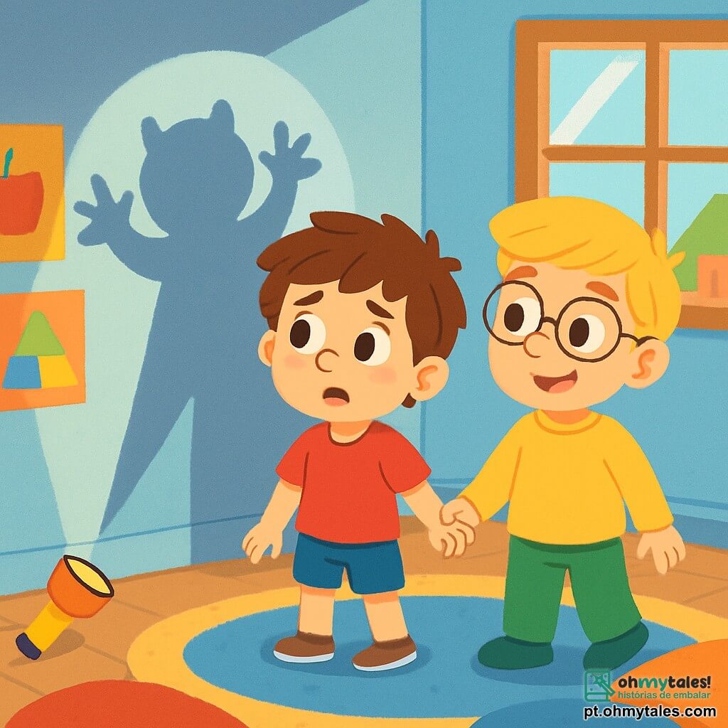 Há 2 personagens principais: - Pedro: um menino de 7 anos, com cabelo castanho bagunçado e olhos marrons. Ele usa uma camiseta vermelha e um short azul, está à esquerda, olhando com curiosidade para uma sombra na parede. - Lucas: um menino de 7 anos, com cabelo loiro e óculos redondos. Ele veste um suéter amarelo e calças verdes, está à direita de Pedro, segurando sua mão e sorrindo de forma reconfortante. O cenário é uma sala de aula acolhedora, com paredes pintadas de azul claro, cartazes coloridos nas laterais e janelas que deixam entrar uma luz suave. No centro, há um tapete macio onde as crianças se sentam em círculo, cercadas por almofadas coloridas. A situação principal mostra Pedro e Lucas, um pouco preocupados, descobrindo as sombras projetadas na parede pela luz de uma lanterna. As sombras dançam ao redor deles, criando formas divertidas e misteriosas, enquanto começam a perceber que o escuro também pode ser um lugar cheio de surpresas.