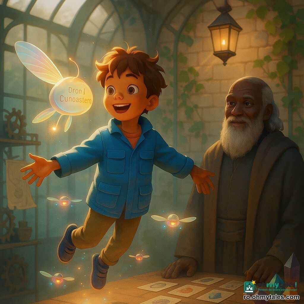 Băiat de 6 ani cu ochi strălucitori și păr șaten deschis zburlit, față zâmbitoare și uimită, plutește ușor deasupra solului cu brațele deschise, poartă geacă albastră cu buzunare și pantaloni kaki; bătrân (magister) de circa 70 de ani cu barbă lungă și albă, îmbrăcat în stofe gri și bronz, stă lângă o masă cu hărți și cristale privind binevoitor copilul; Dronă a Cunoașterii, aparat zburător translucid cu corp oval și aripi subțiri irizate, zboară în fața copilului emițând o lumină blândă aurie; voliera este o seră veche mare cu ziduri de cărămidă acoperite de crem și iederă, lanternă atârnată, raze de lumină în praf, rafturi metalice cu angrenaje și hărți agățate; scenă magică în care copilul se ridică susținut de drone mici, lumini multicolore reflectându-se pe fața lui, atmosferă între știință (angrenaje, cristale) și poveste (strălucire caldă, pene translucide).