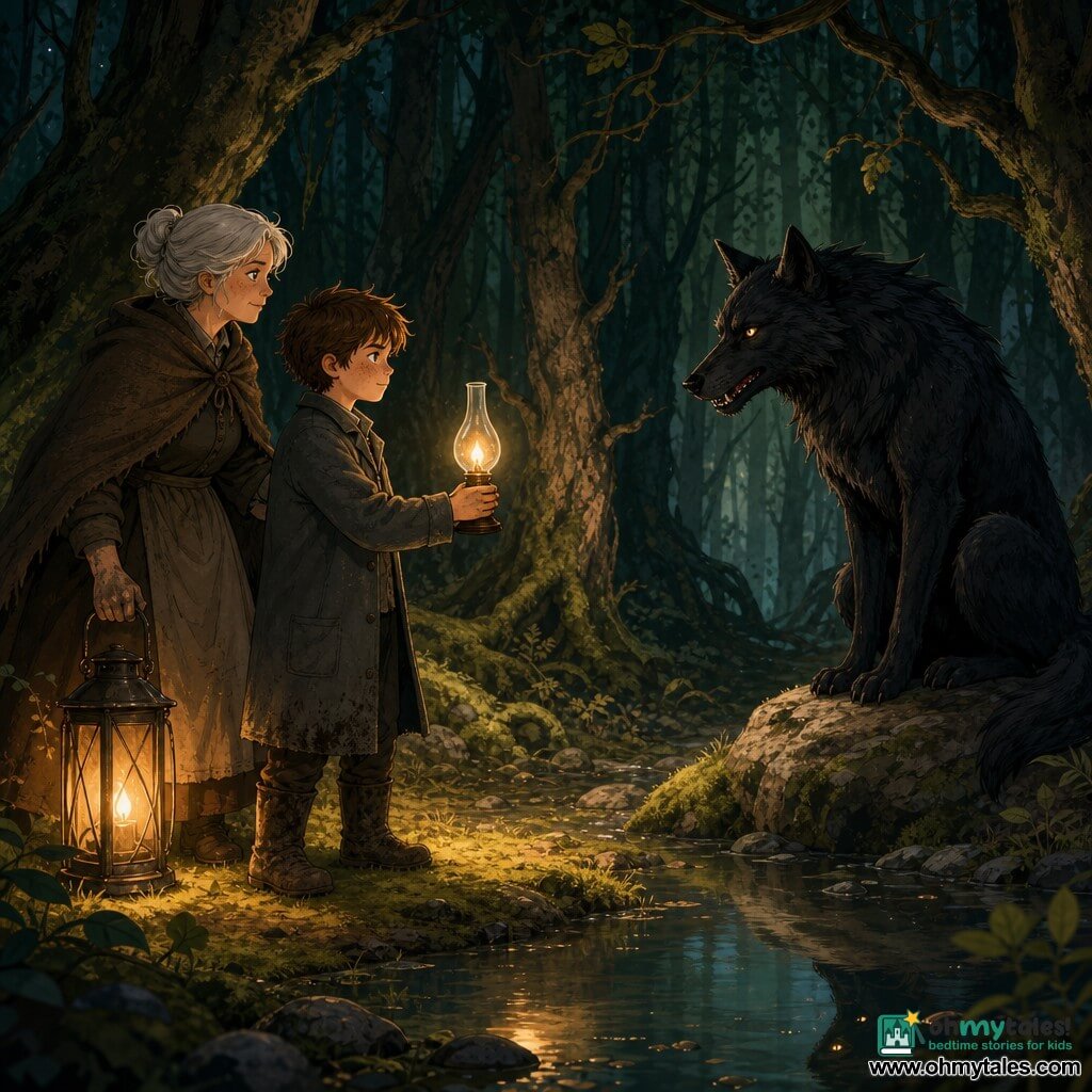 A 10-year-old boy, Tomas, cautious and brave with messy brown hair, freckles, a gray wool coat and muddy boots, holds a glass oil lamp glowing warm yellow-orange; a large black wolf with ink-dark fur, tarnished coin-like eyes, a slim muzzle and visible teeth sits by a rock at the edge of a reflective pond, both alluring and menacing; a woman of about 60, the lantern keeper, silver hair tied and soot-stained hands, places a large lantern on the ground behind the boy to reinforce the light, calm and resolute; the scene is a dense night wood with gnarled trunks, green moss, wet stones, a small moonlit pond and a faint greenish underbrush glow; main situation: a tense confrontation at the pond’s edge—the warm circle of lantern light forms a safety ring around the boy and keeper contrasted with cold green shadows where the wolf threatens, composition focused on the light circle, strong warm/cold contrast, clear expressions and readable silhouettes.