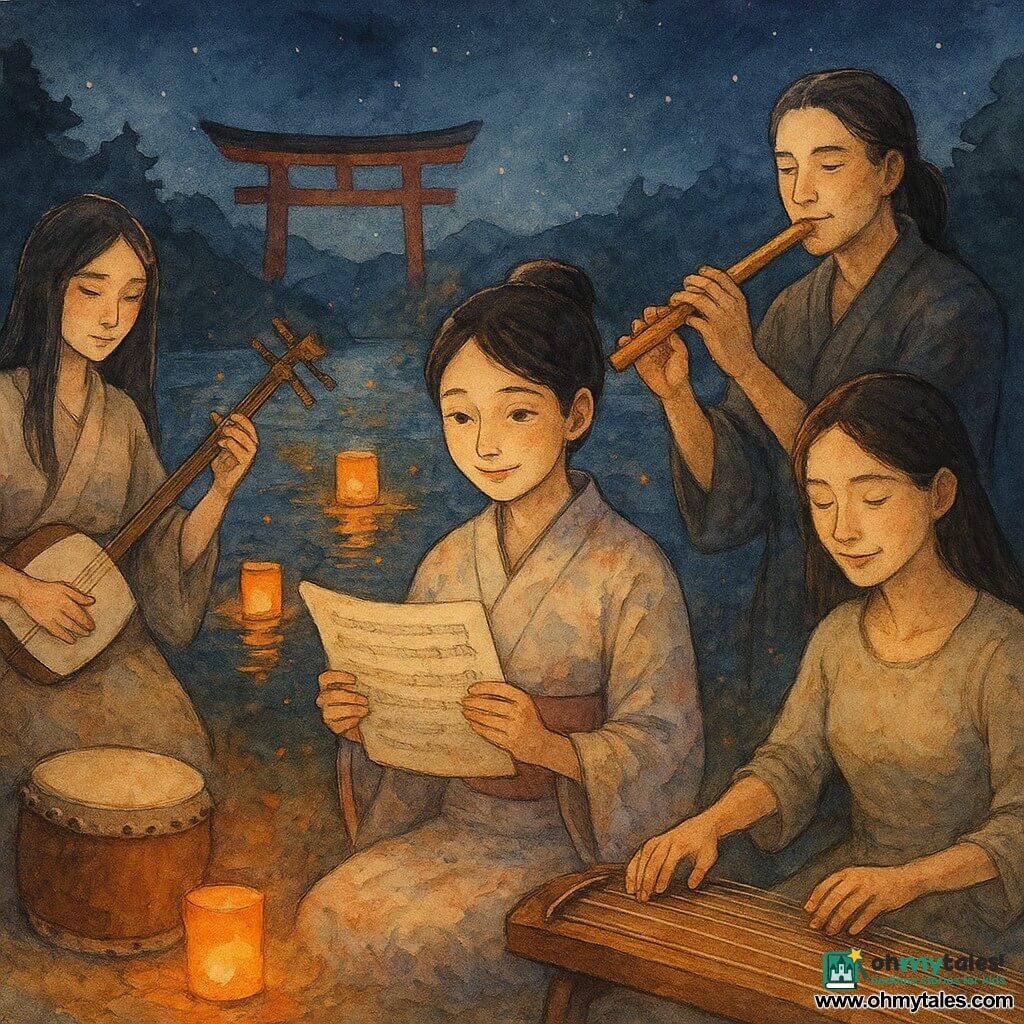 Aiko, a gentle determined woman of about 30 with hair in a simple bun, holds a yellowed score and smiles shyly as four musicians play around her at night on a calm riverbank: Ren (28) stands slightly back with a shiny bamboo flute, Daichi (32) with a sturdy build taps a small taiko to the left, Hana (31) sits center plucking a koto, and Sora (29) pale and moved, cradles a newly unwrapped shamisen at the left; orange lanterns drift on the water, a red torii and dark cedar silhouettes stand in the background with silver reflections and a white heron on the far bank, warm lantern light, watercolor splashes suggesting flame reflections and floating musical notes, soft palettes of red, gold and midnight blue, paper textures, slightly waterblotted edges and dark ink accents for instruments and faces.