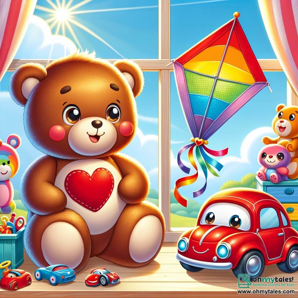 Toby, an adorable brown teddy bear with a red heart sewn on his chest, stands on a wooden shelf near a window. His expression is sweet and warm, with bright eyes reflecting hope. Next to him, Speedy, a small red car with sparkling eyes and a beaming smile, joyfully vrooms, its wheels turning enthusiastically. Flutter, a pretty rainbow-colored kite, gracefully floats in the air, its ribbons dancing around it, displaying a big smile. The setting is a bright and welcoming room filled with colorful toys and sunlight filtering through the window, creating a warm and comforting atmosphere. In this scene, Toby, Speedy, and Flutter gather to share their dreams and stories, surrounded by a sense of camaraderie and joy, illustrating the power of friendship in a moment of support and comfort.