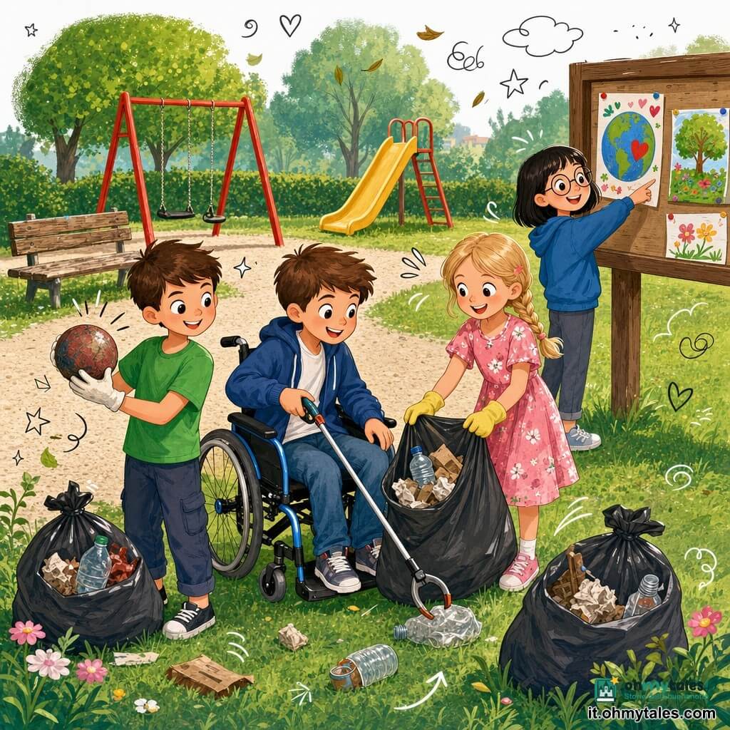 Ci sono quattro bambini: un ragazzo di circa 9 anni, capelli castani corti, t-shirt verde, a sinistra con una vecchia pallina di gomma; una ragazza di circa 8 anni, capelli biondi intrecciati, vestito a fiori rosa, al centro-destra con guanti gialli e un sacco della spazzatura semi-pieno; una ragazza di circa 9 anni, capelli neri a caschetto, occhiali tondi, felpa blu, dietro a destra che indica un poster colorato; un ragazzo di circa 10 anni, capelli castano chiaro, seduto in sedia a rotelle moderna, jeans, al centro-sinistra che coordina la raccolta tenendo una pinza per rifiuti. Luogo: piccolo parco di quartiere con prato e sentieri ghiaiosi, altalena rossa e scivolo giallo sullo sfondo, alberi a foglia larga, qualche fiore e una panchina di legno; atmosfera luminosa, colori saturi e texture visibili. Situazione: i bambini puliscono il parco insieme — sacchi pieni, guanti, pinze, rifiuti raccolti (bottiglia di plastica, carta), scena dinamica e gioiosa con gesti chiari, sorrisi e piccoli dettagli grafici giocosi (foglie, cuori, frecce, stelle).