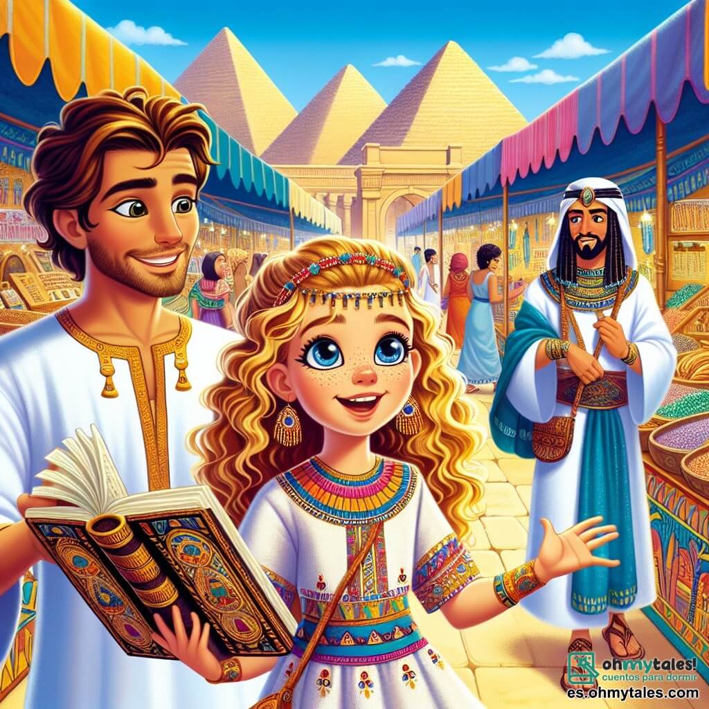 Amara, una niña de 12 años con cabello dorado rizado y ojos llenos de curiosidad, se encuentra en el centro de la escena, sonriendo con asombro. Lleva un vestido ligero de lino de colores vivos, adornado con motivos egipcios, y sostiene un antiguo libro abierto en sus manos. A su lado está Khepri, un hombre de unos 30 años, vestido con una túnica blanca, con barba bien cuidada y ojos sabios, que observa a Amara con benevolencia, señalando las maravillas de la ciudad. Al fondo, Nefertari, una mujer de unos treinta años con largos cabellos negros y un vestido ricamente decorado, sonríe sosteniendo un collar brillante en su mano, cerca de un mercado colorido rodeado de frutas exóticas y telas brillantes. El lugar es el animado mercado de Tebas, con majestuosas pirámides al fondo bajo un cielo azul brillante. Los puestos están llenos de productos coloridos y los habitantes en túnicas se mueven alegremente, creando una atmósfera vibrante y festiva. La situación principal muestra a Amara, asombrada, descubriendo la magia del antiguo Egipto, rodeada de sus nuevos amigos mientras buscan juntos un collar mágico robado por un gato travieso.
