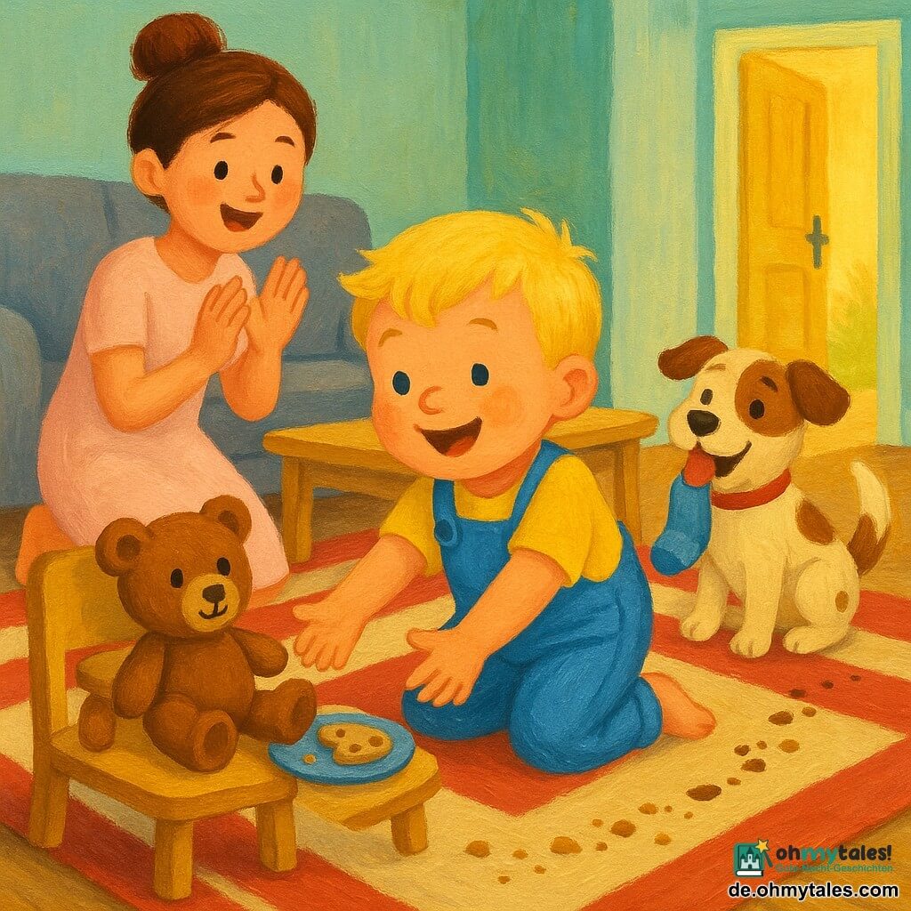 Zweijähriger Ben, lächelnd und staunend, blonde Strähnen, rundliche Backen, gelbes T-Shirt und blaue Latzhose, kniet und hebt einen braunen Kuschelteddy auf; seine Mutter (etwa 30), brünette im Dutt, hellrosa Kleid, steht lächelnd hinter ihm und klatscht leicht; der kleine Hund Max, beige gefleckt, bringt eine Socke, sitzt neben einem kleinen Sessel und blickt freudig zu Ben; der Teddy mit schwarzen Stickaugen und genähtem Lächeln liegt auf einem Holzsessel neben einem Teller mit einem halben Keks; gemütliches Wohnzimmer mit rot-creme gestreiftem Teppich, grauem Sofa, heller Holz-Couchtisch und halb geöffneter Tür, die goldenes Licht hereinlässt, Krümel und Pfotenabdrücke bilden eine Spur; Szene: Ben findet Teddy nach der Spur, Max zeigt darauf, Mutter lächelt — freudiger, teilender Moment in sanften Farben mit sichtbarer Acrylstruktur.
