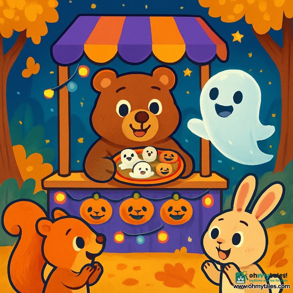 Benny the Bear, a brown bear with sparkling eyes and a warm smile, stands behind a brightly decorated stand with twinkling lights and smiling little pumpkins. He is joyful and proud, holding a plate of ghost and pumpkin-shaped cookies. Next to him, a friendly translucent ghost, with a big smile and round eyes, floats happily, adding a magical touch to the scene. The setting is an enchanted forest with golden-leaved trees and bright stars in the night sky, creating a festive and warm atmosphere. The main scene shows Benny and the ghost welcoming animal friends like Sammy the Squirrel and Lily the Rabbit, who approach with amazed eyes, ready to enjoy the delicious cookies and the magic of Halloween.