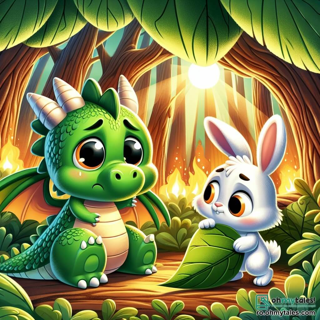 Un mic dragon verde pe nume Rafi, cu solzi strălucitori și ochi rotunzi și îngrijorați, se ascunde sub o frunză mare, iar fața lui exprimă frică și incertitudine. Lângă el, un adorabil iepuraș alb pe nume Tupi, cu urechi mari și un zâmbet reconfortant, se apropie ușor, având o expresie prietenoasă și încurajatoare. Scena se desfășoară într-o pădure fermecată, unde copacii majestuoși cu trunchi groși sunt acoperiți de mușchi verde, iar razele soarelui filtrează prin frunziș, creând o atmosferă caldă și magică. Departe, flăcările portocalii dansează ușor, dar acum sunt stinse, lăsând loc unei lumini aurii blânde. Rafi, dragonul, se simțea speriat de foc, în timp ce Tupi, iepurele, îi oferă sprijin și prietenie, arătându-i că nu este singur în fața temerilor sale.