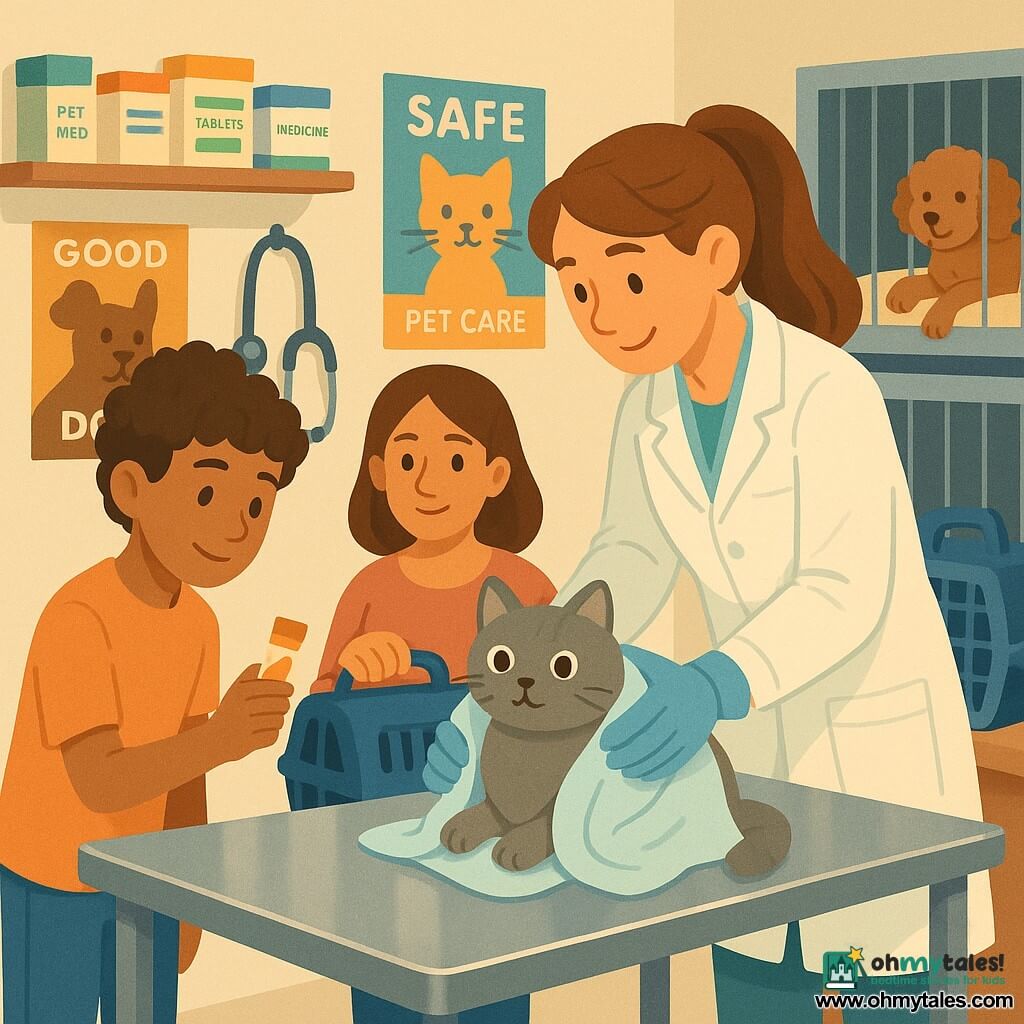 A focused, smiling female veterinarian with chestnut hair in a ponytail and a slightly wrinkled white coat gently holds a towel over a round grey cat named Captain Pancake on a shiny metal exam table; 12-year-old Leo, curly-haired and shifting from worried to proud, stands left holding a treat tube toward the cat while a relieved but attentive woman of about 35 with straight brown hair stands behind him holding a closed carrier; in the background Noodle, a small curly dog, dozes in a recovery cage with a paw hanging out; the bright, clean clinic has cream walls, colorful animal safety posters, labeled medicine boxes on shelves and a stethoscope hanging, conveying a calm, orderly, caring veterinary exam.