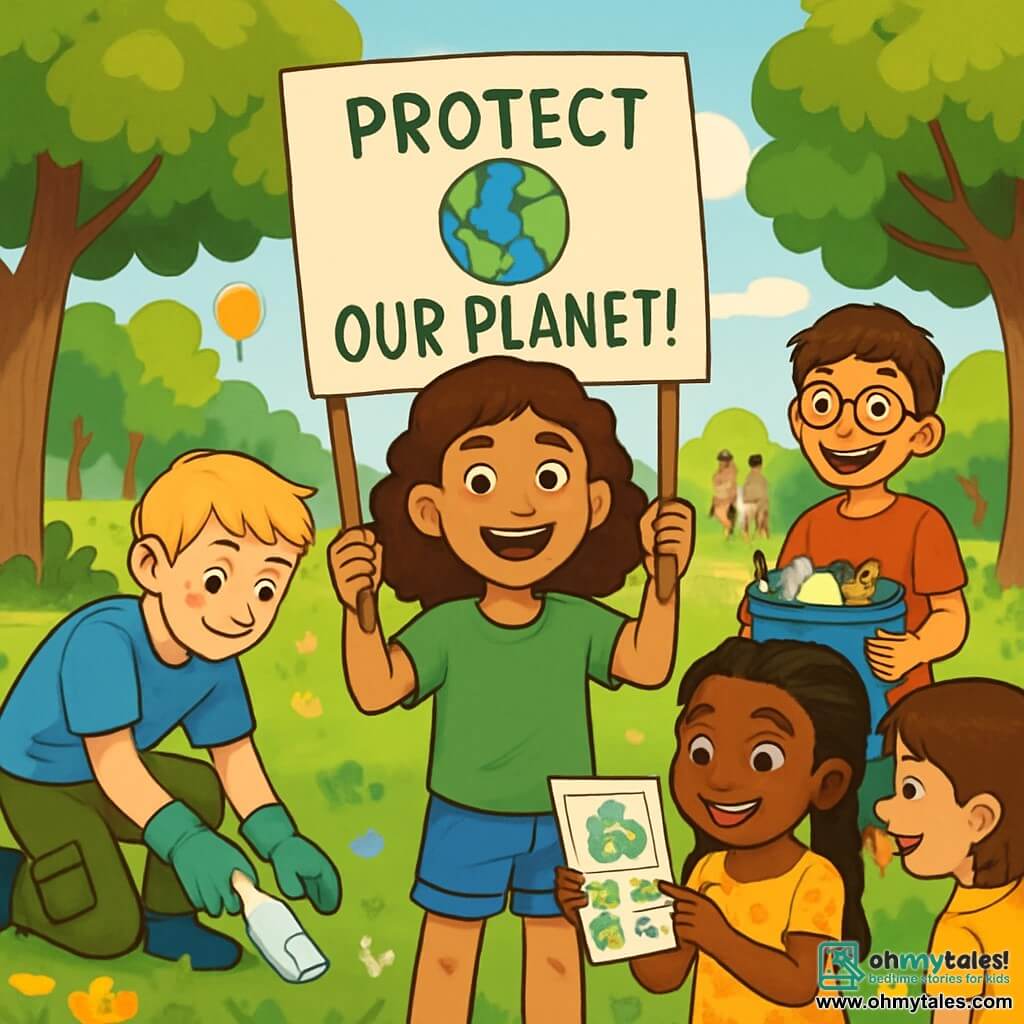 There are 4 children: - Mia: an 11-year-old girl with curly brown hair, wearing a green t-shirt and denim shorts. She holds a colorful sign that says "Let's protect our planet!" and stands in the center, smiling and enthusiastic. - Jake: a 12-year-old boy with short blonde hair, dressed in a blue t-shirt and cargo pants. He is to the left of Mia, picking up trash with a gardening glove. - Aisha: a 10-year-old girl with braided black hair, wearing a yellow floral dress. She is to the right of Mia, showing a recycling brochure to a small group of curious children. - Leo: an 11-year-old boy with brown hair and glasses, wearing a red t-shirt and shorts. He is slightly behind, holding a bucket full of recyclable waste, with a big smile on his face. The setting is a lush park filled with majestic trees, vibrant leaves, colorful flowers, and well-maintained lawns. Families are strolling, and balloons float in the air, adding a cheerful atmosphere. The main scene shows the children in action during a cleanup event, gathering trash while educating other kids about the importance of protecting the environment. Their faces radiate determination and enthusiasm, illustrating their commitment to making a difference for the planet.