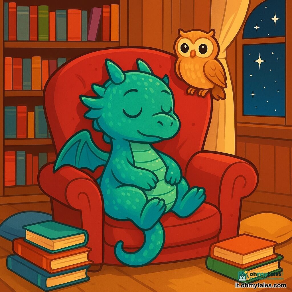 Un piccolo drago di nome Lumo, con squame scintillanti di blu e verde e occhi brillanti come stelle, è seduto comodamente su una grande poltrona di velluto rosso, mostrando un'espressione di serenità e calma. Chiude gli occhi, respirando profondamente, circondato da libri dalle copertine colorate che sembrano sussurrare storie. Accanto a lui, un piccolo gufo dalle piume morbide e dorate, con grandi occhi rotondi e curiosi, osserva Lumo con un'espressione tranquilla, posato sullo schienale della sedia, aggiungendo un tocco di magia alla scena. La biblioteca è un luogo incantevole, con pareti in legno caldo, scaffali pieni di libri dai colori vivaci e una luce soffusa che filtra attraverso grandi finestre adornate da tende leggere. Cuscini morbidi sono sparsi intorno, creando un'atmosfera accogliente e pacifica. Lumo si prepara a addormentarsi, circondato dall'aura tranquilla della biblioteca, mentre stelle scintillano all'esterno, aggiungendo un tocco di sogno a questa scena zen.