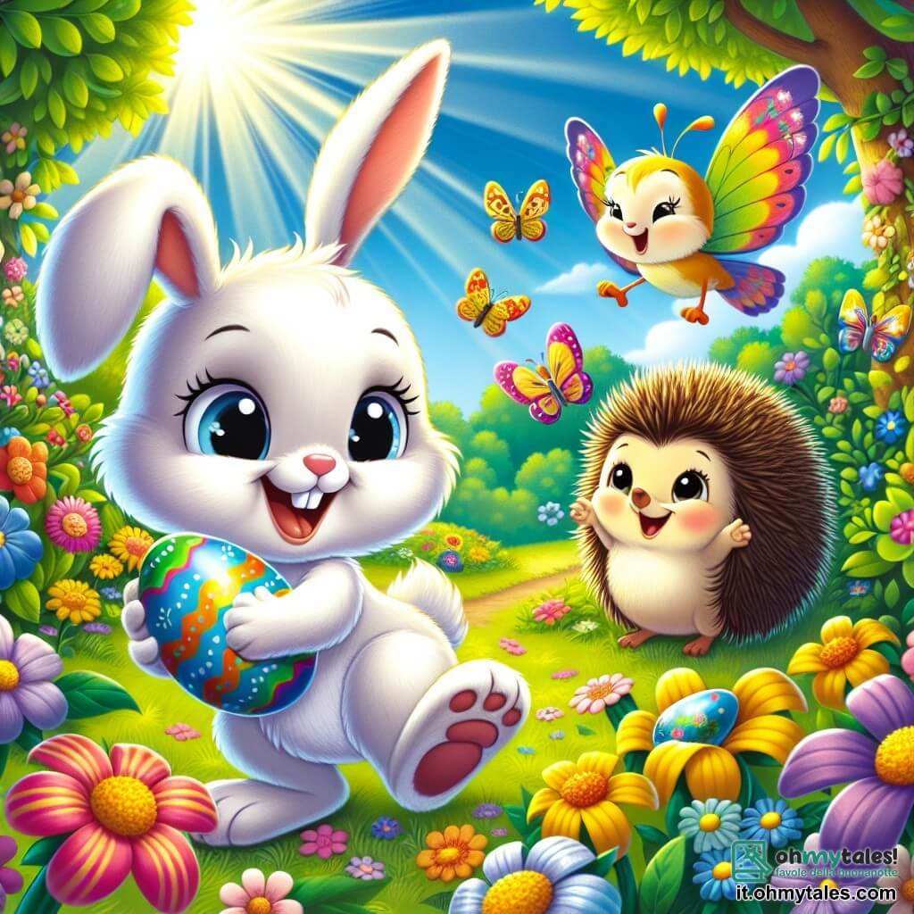 Un coniglietto bianco di nome Bianchino, con grandi orecchie e occhi scintillanti di gioia, salta in un giardino colorato, circondato da fiori vivaci e alberi verdi. Sorride ampiamente, tenendo un uovo di Pasqua di cioccolato tra le zampe. Accanto a lui, una bella farfalla di nome Lilla, con ali multicolori, vola allegramente mostrando un uovo blu che ha trovato, il viso che sprizza entusiasmo. Un piccolo uccellino giallo di nome Canto, appollaiato su un ramo, canta gioiosamente mentre tiene un uovo giallo nel becco, gli occhi brillanti di felicità. Sullo sfondo, un riccio di nome Spino, con il dorso spinoso e un sorriso soddisfatto, si piega per raccogliere un uovo verde nascosto sotto una foglia. Il giardino è illuminato, con raggi di sole che filtrano tra gli alberi, creando un'atmosfera festosa e magica, mentre gli amici celebrano insieme la gioia di Pasqua.