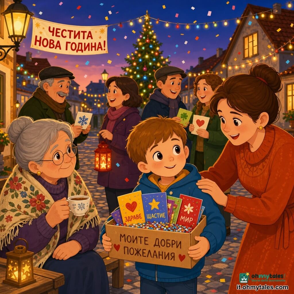 Un ragazzo di 6 anni, volto rotondo, capelli castano chiaro corti, occhi luminosi, sorriso timido ma entusiasta, tiene una piccola scatola di cartone con carte colorate e brillantini al centro della scena; alla sua destra la madre (circa 30 anni), pelle chiara, capelli castani raccolti in uno chignon, veste arancione, sorride appoggiandogli una mano sulla spalla; a sinistra la nonna (circa 70 anni), capelli grigi raccolti, occhiali tondi e scialle a fiori, è seduta con una tazza di tè e lo guarda affettuosamente; sullo sfondo alcuni vicini (un uomo sui 60 e una donna sui 50) sorridono scambiando carte e piccole lanterne formando un cerchio caldo; luogo: strada di paese acciottolata al crepuscolo con lampioni gialli, lucine tra le case, coriandoli di carta che cadono e un grande albero decorato; situazione principale: il ragazzo offre i suoi "buoni" fatti a mano durante la festa di Capodanno, gesti gentili, colori vivaci (rosso, giallo, blu), atmosfera conviviale e piena di speranza.