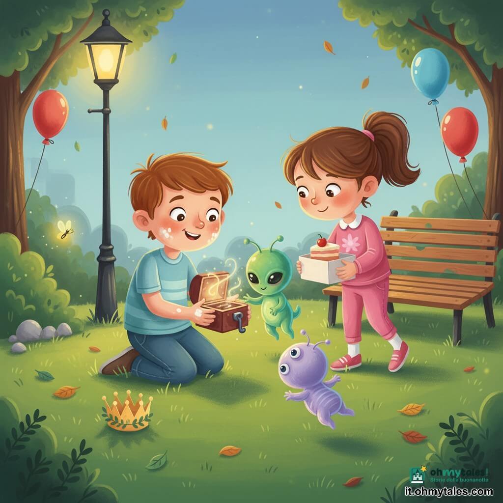 Un ragazzo di 8 anni dal viso rotondo si inginocchia sull'erba aprendo un piccolo carillon, accanto a lui Sara, 8 anni, capelli castani raccolti in una coda, in rosa con una scatola di dolci che offre una fetta; tre piccole creature extraterrestri fluttuano formando un semicerchio — una verde mela dagli occhi grandi, una blu madreperlacea traslucida e una lavanda con tre occhi — toccano il carillon con curiosità; parco al crepuscolo con prato, panchina di legno consumata, un lampione dalla luce calda, palloncini rossi e blu legati ai rami e una lucciola, atmosfera dolce e amichevole, luce dorata sui volti e texture di pittura acrilica visibili.