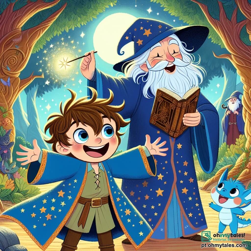 No centro da imagem, um jovem garoto de oito anos, Léo, aparece como um aprendiz de feiticeiro. Ele tem cabelos castanhos bagunçados, olhos brilhantes de curiosidade e veste uma túnica de feiticeiro azul adornada com estrelas cintilantes. Seu rosto expressa uma imensa alegria enquanto segura uma varinha mágica, pronto para lançar um feitiço. Ao seu lado, Merlin, um velho mago com uma longa barba branca e um manto azul estrelado, sorri orgulhosamente. Ele está levemente curvado, segurando um velho grimório em uma mão, enquanto a outra mão está levantada, como se estivesse guiando Léo em sua magia. Ao fundo, um pequeno dragão azul chamado Sparky voa alegremente ao redor deles, deixando para trás faíscas coloridas. A cena ocorre em uma floresta encantada, onde árvores majestosas com troncos retorcidos se elevam alto no céu, suas folhas brilham com um brilho dourado sob a luz da lua. Flores luminosas e criaturas mágicas, como fadas cintilantes, adicionam um toque de magia ao ambiente. A situação principal mostra Léo, com um olhar determinado, preparando uma poção mágica em um grande caldeirão de ferro, enquanto Merlin o observa com benevolência, pronto para ajudá-lo em seu aprendizado.