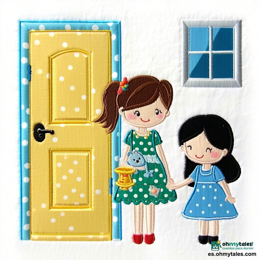 Hay tres niñas de unos 7 años: a la derecha una morena con coletas y vestido amarillo con lunares sosteniendo una pequeña luz amarilla junto a la puerta; en el centro una rubia de pelo corto con pijama verde a rayas mirando por la ventana mientras abraza un peluche; a la izquierda una morena de pelo largo con vestido azul sonriendo y poniendo una lámpara azul en la mesita. En una habitación infantil acogedora vista en contrapicado con paredes lavanda de textura textil, cama con colcha patchwork y ventana redonda con cielo estrellado, las tres encienden pequeñas luces que proyectan manchas suaves azul, verde y amarilla en las paredes; atmósfera cálida y tranquilizadora, formas amistosas, texturas cosidas visibles y colores pastel pensados para atraer a un niño de 4 años.