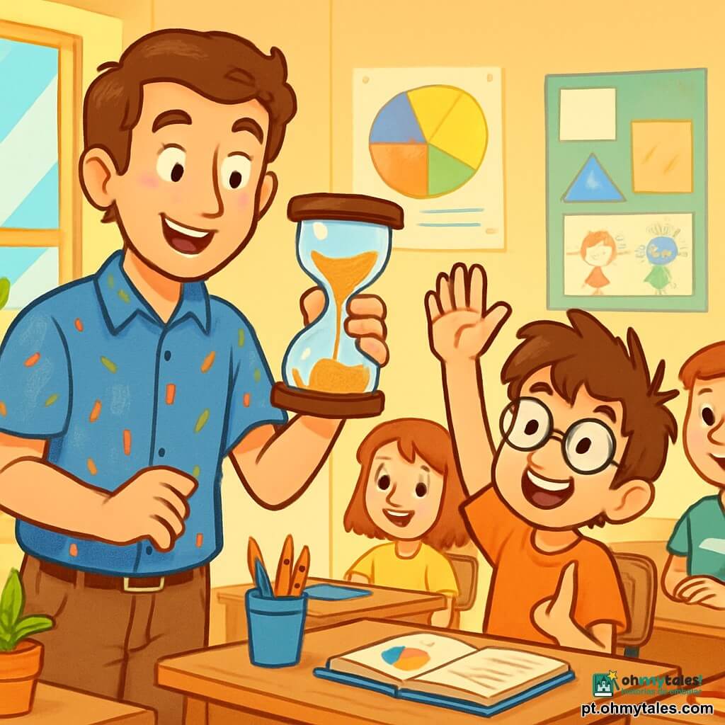 Um homem, o professor Luís, sorridente com olhos brilhantes de curiosidade, está em pé diante de uma turma animada. Ele tem cabelos castanhos levemente ondulados e veste uma camisa azul com estampas de pequenos lápis coloridos. Ele segura um ampulheta de vidro cheia de areia dourada, pronto para virá-la e iniciar uma atividade. Ao seu lado, Tiago, um garoto de 10 anos com óculos redondos e cabelos bagunçados, levanta a mão entusiasmado, ansioso para fazer uma pergunta. Ele está sentado em uma cadeira de madeira, cercado por colegas de classe, todos atentos e sorridentes. A cena acontece em uma sala de aula iluminada, com paredes decoradas com desenhos de crianças e cartazes educativos. Janelas permitem a entrada da luz do sol, iluminando as mesas de madeira onde estão dispostos lápis, livros e vasos de flores. O professor Luís se prepara para apresentar aos alunos o jogo das frações usando uma ampulheta mágica, enquanto a excitação e a curiosidade pairam no ar, criando uma atmosfera alegre e dinâmica.