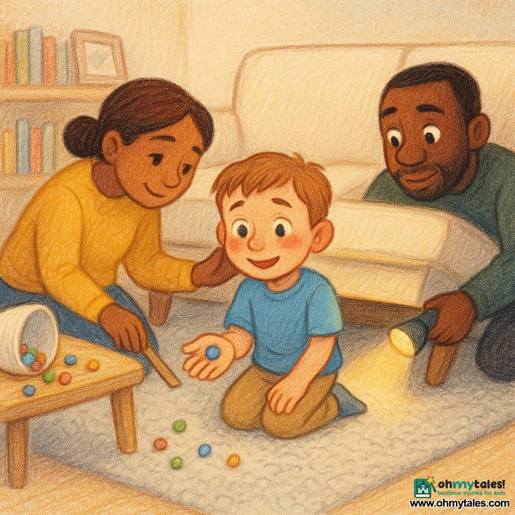 There are three characters: Leo, a 6-year-old boy with short light brown hair, large slightly reddened eyes, wearing a sky-blue T-shirt and beige pants, kneeling by the sofa holding a small blue marble in his palm with a relieved face; Mom, an adult woman with brown hair in a low bun, fair skin, mustard sweater and jeans, crouched to Leo’s left with one hand on his shoulder and the other using a ruler to gently push the marble, soft reassuring expression; Dad, an adult man with short hair and light beard, wearing a dark green sweater, to Leo’s right lifting the sofa slightly with one hand to let light through while holding a small flashlight that illuminates the floor under the sofa. The scene is a cozy, bright living room with a textured light-gray rug, a slightly raised cream sofa, a small light-wood coffee table with an overturned bowl of colorful marbles, a bookshelf with books and a tilted photo frame; the flashlight casts a warm yellow beam contrasting with the room’s soft lighting. Main moment: discovery — the flashlight reveals a shiny blue marble trapped near a dust cloud under the sofa; clear expressions of relief on Leo, gentle parental gestures, calm comforting atmosphere; visible colored-pencil style with textured strokes, saturated colors and slightly blurred outlines for a warm, childlike look.
