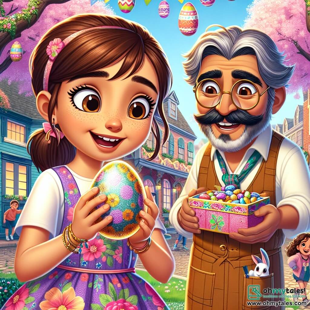 A 12-year-old girl named Lily stands at the center of the image, with brown hair tied in a ponytail, sparkling eyes full of curiosity, and a big smile on her face. She wears a colorful dress adorned with floral patterns and holds a mysterious egg that sparkles in her hands, revealing her excitement and wonder. Next to her is Mr. Whiskers, a jovial man around 50 years old, with a bushy mustache and round glasses. He smiles warmly at Lily, dressed in a bunny-patterned apron, and holds a box of candies in his hands, ready to share his joy. The setting is a charming town during Easter, with colorful buildings, flower garlands hanging, and children playing in the park. In the background, a large flowering tree adds a touch of magic to the scene. The main situation shows Lily discovering the mysterious egg in Mr. Whiskers' candy shop window, surrounded by a festive atmosphere full of bright colors and joy, symbolizing the spirit of adventure and discovery of Easter.