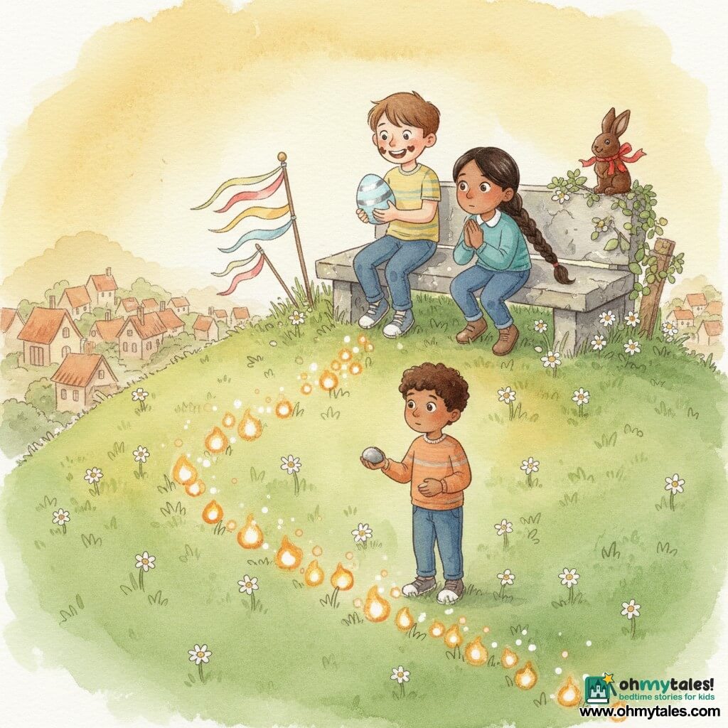 Tommy, a smiling, amazed 10-year-old with short brown hair and a chocolate smudge at his mouth, gently holds a pale blue egg streaked with silver on a stone bench; Mira, about 9, with a curious face and dark braid, crouches beside him with hands clasped and eyes wide toward the hill; a small boy of about 6 stands a few steps below holding a warm pebble like a treasure; the soft, rolling grassy hill is dotted with daisies, an old stone bench at the top, ribboned flags fluttering, and distant village roofs; dozens of ember-like lights or fireflies form a glowing trail among the grass; a ribboned chocolate rabbit rests on a honeysuckle-covered fence nearby; atmosphere: golden late-afternoon light, pastel watercolor colors, dewy textures and bright white highlights on the egg and lights.