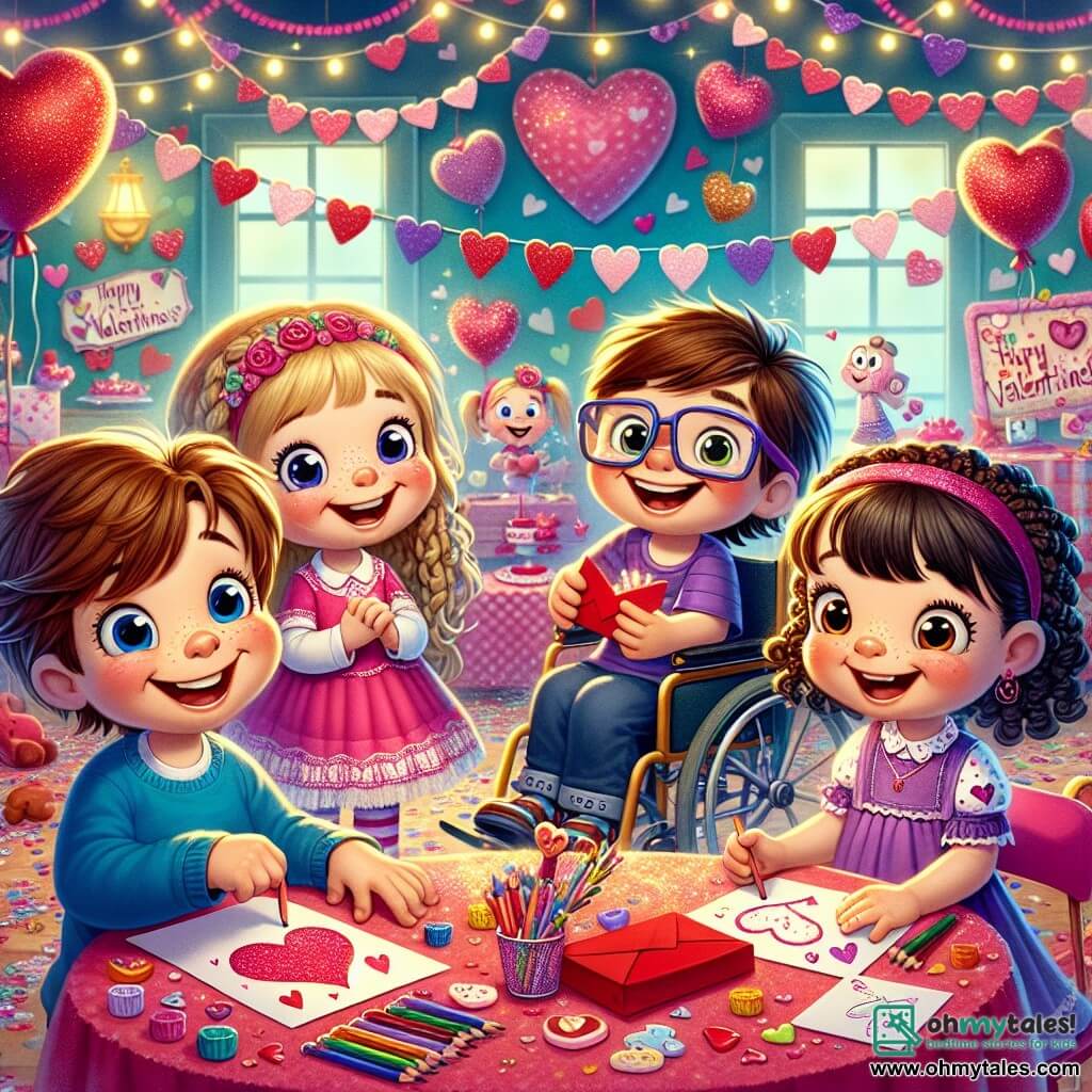 In a colorful party room, four friends stand together surrounded by Valentine's decorations. Max, an 8-year-old boy with brown hair and a big smile, holds a red envelope in his hands, looking at his friends with excitement. Next to him, Lily, a 7-year-old girl with braided blonde hair and a pink dress, is drawing hearts on a piece of paper. Sam, a 9-year-old boy in a wheelchair, wearing glasses and a blue t-shirt, smiles joyfully as he watches his friends. Finally, Mia, an 8-year-old girl with curly hair and a purple dress, is laughing heartily, adding joy to the scene. The room is decorated with heart-shaped balloons, sparkling garlands, and a large table filled with colorful cards and sweet treats, creating a festive and warm atmosphere. The friends discover a mysterious red envelope under a pile of paper and decide to investigate to find out who it is for, filled with excitement and curiosity.