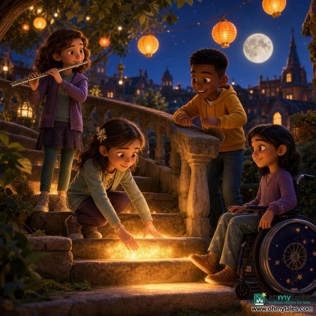 A lively 10-year-old girl with brown hair clipped back touches a stone step that glows under her hand; an upbeat 11-year-old boy, Jamal, dark-skinned with short hair, drums a rhythm on the railing to her right; a gentle 12-year-old girl, Lila, fair with wavy hair, plays a clear note on a small metal flute slightly behind to the left; a calm 10-year-old girl, Nisha, in a wheelchair painted with small stars, taps her heel against the base of the step near the main girl. They stand on an old spiral stone staircase opening onto an urban rooftop terrace with orange and yellow lanterns, brick buildings, leafy trees and a pale moon; the steps shift like living pieces, stones parting to emit warm glows as the children create a shared rhythm to soothe the stair, creating a magical, warm, inclusive atmosphere.