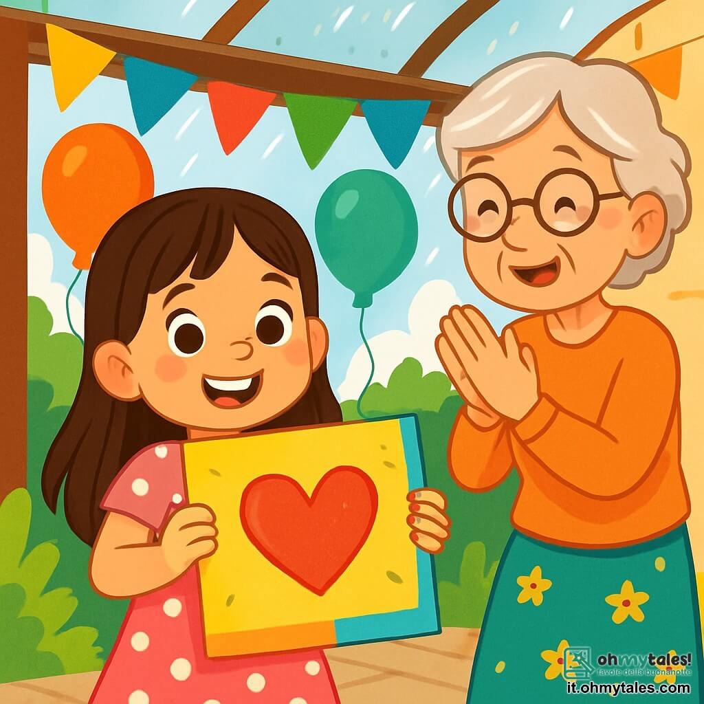 Una bambina di 6 anni, con lunghi capelli castani e occhi scintillanti di gioia, è al centro dell'immagine. Indossa un vestito rosa a pois bianchi e un grande sorriso illumina il suo viso. Tiene un grande cartone colorato con un cuore al centro, circondato da decorazioni di compleanno. Accanto a lei, una nonna sorridente di circa 70 anni, con capelli argentati e occhiali rotondi, applaude con entusiasmo. Indossa un maglione morbido e una gonna floreale, stando proprio accanto alla bambina, con gli occhi brillanti di orgoglio. Il decor è una terrazza coperta, adornata con festoni colorati e palloncini fluttuanti, con un tetto trasparente che lascia passare la luce del sole. Gocce di pioggia brillano sul vetro, creando un'atmosfera magica. La bambina sta mostrando il suo grande cartone alla nonna, impaziente di farle scoprire il messaggio di compleanno creato con i suoi amici. L'atmosfera è gioiosa e festosa, piena di risate e amore.