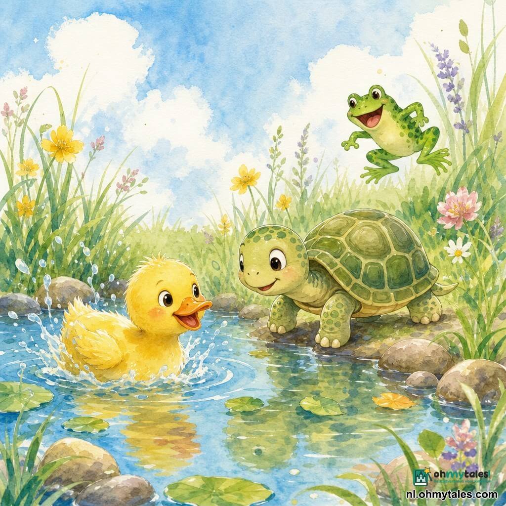 Een kleine groen-beige schildpad met een rond schild en zachte patronen, vrolijk en ondeugend, schuift langzaam vooruit; links zwemt een felgeel eendje met pluizige veren en wat waterdruppels, speels; achter de schildpad springt een groene kikker met donkerdere vlekken, levendig en lachend. Locatie: een kleine ronde vijver omringd door hoog gras en wilde bloemen, zachtblauwe lucht, lichte reflecties in het water, wat ronde stenen en drijvende bladeren. Sfeer: speels en komisch, de schildpad probeert de vrienden bij te houden, pastelkleuren en aquareltexturen, enkele gecontroleerde spatjes.
