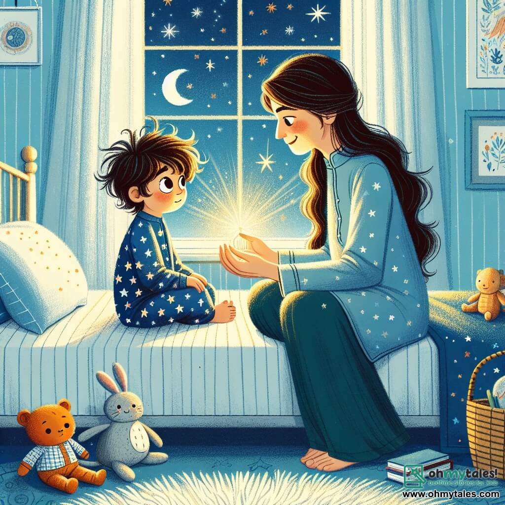 A 2-year-old boy with messy brown hair and big curious eyes is sitting on his bed, looking a bit worried. He is wearing blue pajamas with white stars, and his stuffed animals are scattered around him. Next to him, his mother, a gentle woman in her 30s with long brown hair, is smiling tenderly at him while holding a small lamp that emits a warm light. She is sitting on the edge of the bed, comforting her son. The setting is a child's bedroom, with light blue walls, posters of planets and stars, and a fluffy rug on the floor. A window reveals a starry sky, adding a touch of magic to the scene. The main situation shows the little boy, although fearful of the darkness, starting to feel reassured by his mother's presence and the soft light of the lamp as they share a moment of tenderness and love.