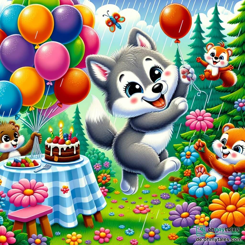 Ein kleiner fröhlicher Wolf mit grauem Fell und funkelnden Augen springt glücklich in einem bunten Garten, umgeben von bunten Ballons, die in der Luft schweben. Neben ihm hält ein kleiner brauner Bär mit einem breiten Lächeln ein Stück Schokoladenkuchen, seine Augen leuchten vor Aufregung. Ein rotes Eichhörnchen, das auf einem Ast sitzt, applaudiert begeistert mit erhobenen kleinen Pfoten. Der Garten ist voller leuchtender Blumen, großer grüner Bäume und eines Tisches, der mit Kuchen und Süßigkeiten dekoriert ist. Der kleine Wolf tanzt mit seinen Freunden im beginnenden Regen, was eine festliche und fröhliche Atmosphäre schafft, während das Lachen um sie herum erklingt.