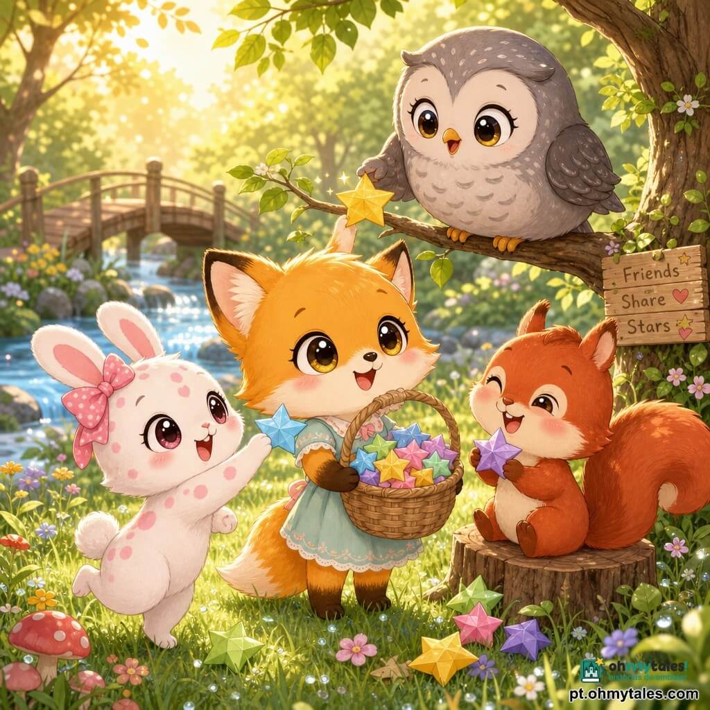 Lilo, pequena raposa chibi de pelagem dourada, olhos castanhos grandes e sorriso terno, segura um cesto de estrelas de papel coloridas; à esquerda Lola, coelhinha branca com manchas rosas e laço rosa, oferece uma estrela azul; à direita Tico, esquilo ruivo travesso, sentado num toco, segura uma estrela torta e ri; acima, Duda, coruja cinza arredondada, empoleirada numa baixa brancha, recebe uma estrela brilhante; clareira matinal com relva orvalhada, flores silvestres, riacho cintilante e ponte de madeira, luz dourada, cena de amizade e gestos carinhosos em estilo chibi kawaii, paleta pastel e textura de papel nas estrelas.