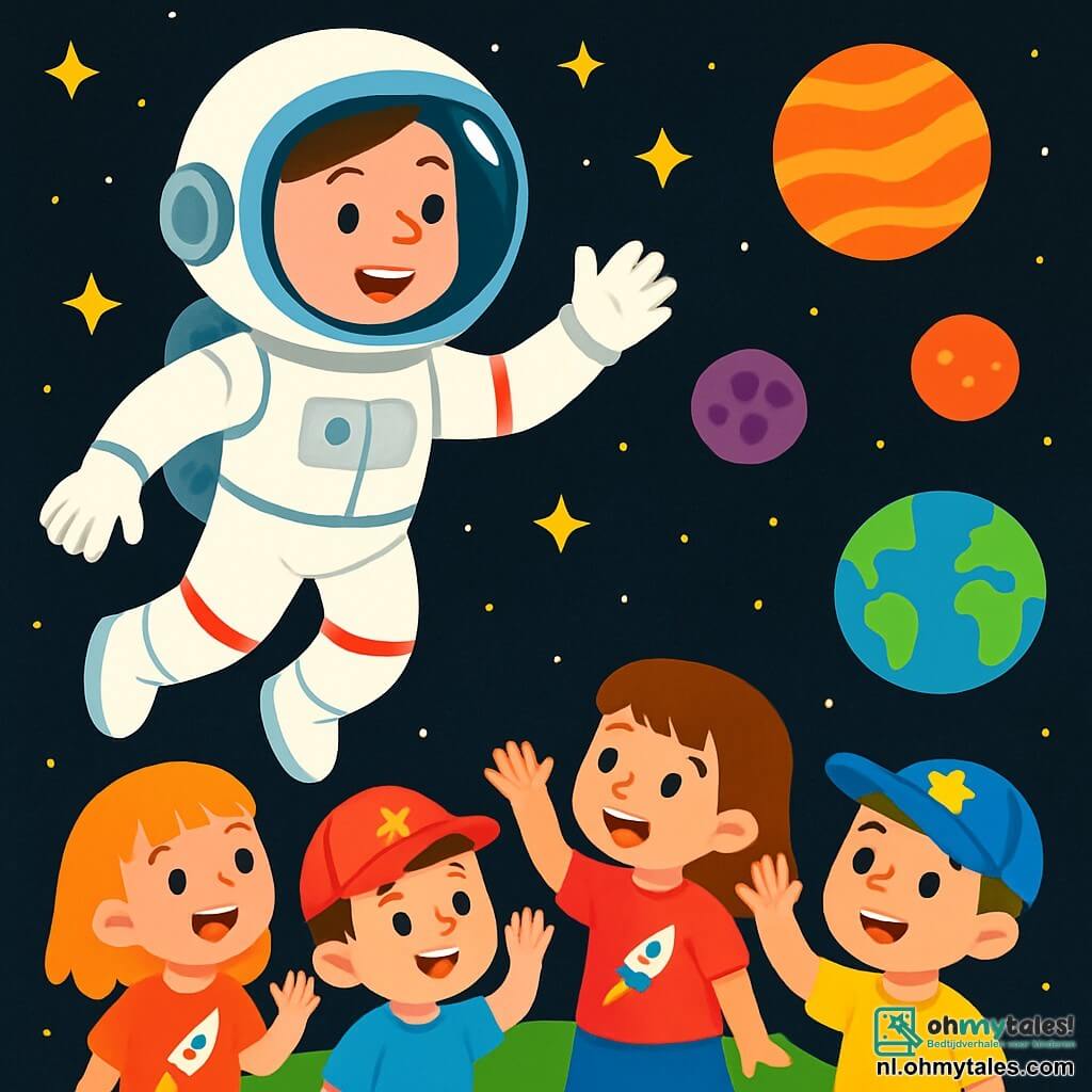 Een glimlachende vrouwelijke astronaut in een glanzende helm en een wit ruimtepak zweeft vrolijk in de ruimte, omringd door fonkelende sterren en kleurrijke planeten. Naast haar staat een groep van vier kinderen, twee meisjes en twee jongens van 5 tot 7 jaar, met verwonderde ogen die hun handen opsteken om haar te groeten. De meisjes dragen t-shirts met raketmotieven, terwijl de jongens superheldenpetten op hebben. De scène speelt zich af in de uitgestrektheid van de ruimte, met een zwarte achtergrond bezaaid met duizenden schitterende sterren en een blauwe en groene aarde op de achtergrond. De vrouwelijke astronaut legt enthousiast haar avonturen in de ruimte uit, terwijl de kinderen gefascineerd luisteren en dromen van reizen tussen de sterren.