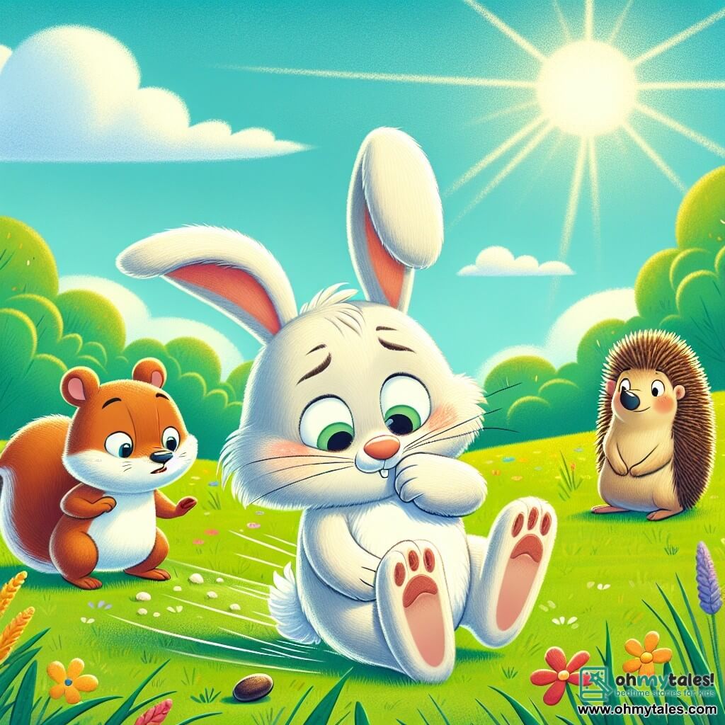 A cheerful rabbit named Benny, with large floppy ears and soft white fur, is stumbling over a small pebble in a green field. He has a surprised and slightly embarrassed look on his face, with his little paws in the air. Nearby, Lucy the squirrel, with brown fur and a bushy tail, watches Benny with a look of concern and compassion, ready to help. Timmy the hedgehog, with his brown spines and round eyes, stands just behind Lucy, displaying a friendly and encouraging smile. The setting is a sunny field dotted with colorful flowers and tall grass, under a clear blue sky with a few fluffy clouds drifting by. The main situation shows Benny falling, realizing he lied about a "magic carrot," while his friends approach to help him, illustrating the importance of honesty and friendship.