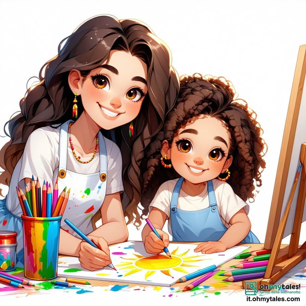 Clara, un'artista con lunghi capelli ricci, sorride mentre dipinge su una grande tela con colori vivaci. Indossa un camice bianco macchiato di vernice e i suoi occhi brillano di eccitazione. Accanto a lei, Emma, una bambina di 7 anni con capelli ricci e un grande sorriso, disegna un sole radioso con pastelli. È seduta sull'erba con le mani piene di vernice e guarda Clara con ammirazione. Luca, un ragazzo di 8 anni con capelli corti e castani, sta in piedi con una tavolozza di colori in una mano e un pennello nell'altra, dipingendo un pesce colorato su una tela, gli occhi pieni di creatività. La scena si svolge in un parco soleggiato, circondato da alberi verdi e fiori brillanti, con un cielo blu sopra di loro. Clara e i bambini si divertono a dipingere insieme, usando le dita per creare opere d'arte colorate, ridendo e condividendo la loro passione per l'arte.