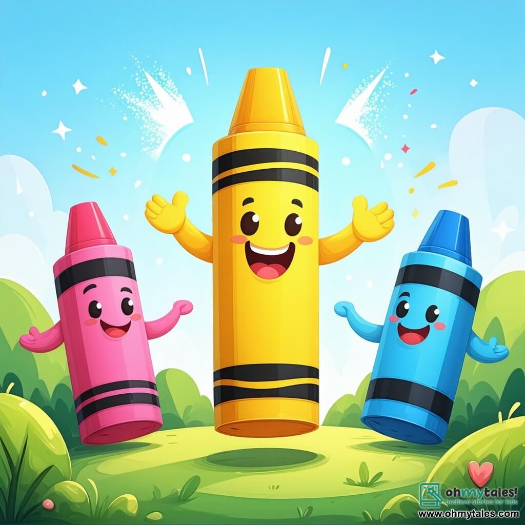 A bright yellow crayon named Mr. Scribbles, with a beaming smile and sparkling eyes, stands at the center of the scene with open arms, encouraging the other crayons to create together. To his right, a deep blue crayon named Bluey, with shy features, gazes in wonder as he begins to draw a sky. He is sitting at a wooden table surrounded by colorful sheets of paper. To the left, a rich purple crayon named Purplina, adorned with floral patterns, joyfully adds flower details to the mural, leaning over the table with eyes shining with creativity. The setting is a bright classroom filled with vivid colors, decorated with children's drawings and inspiring posters, with sunlight streaming through the windows, illuminating the large mural depicting a joyful and colorful landscape. The main scene shows Mr. Scribbles encouraging Bluey and Purplina to collaborate on their beautiful mural, each adding their personal touch in an atmosphere of camaraderie and creativity.