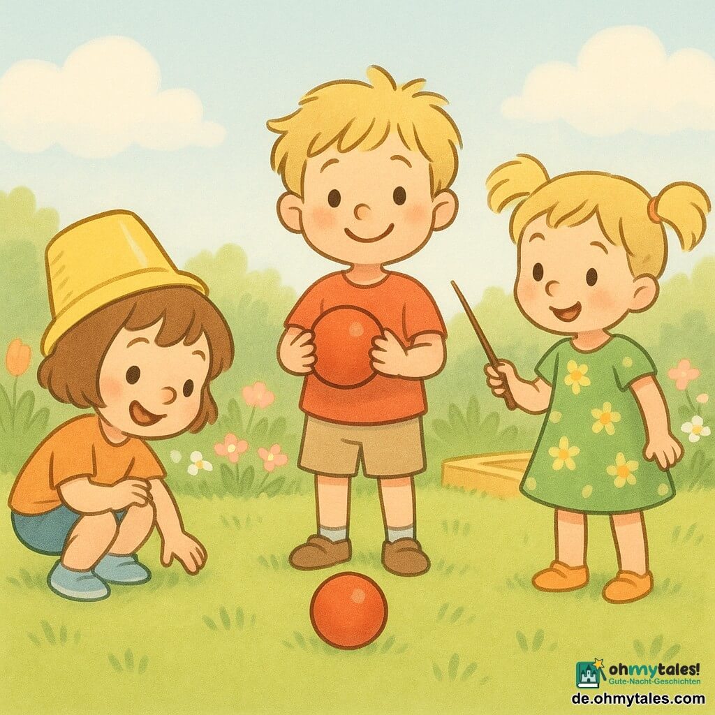Drei Kinder, etwa 4 Jahre: Lina mit kurzem braunem Haar und schelmischem Lächeln trägt einen schiefen gelben Eimer als Hut, hockt links und beugt sich zum Ball; Max mit zerzaustem blondem Haar und rotem T‑Shirt steht in der Mitte, hält einen kleinen roten Ball stolz in den Händen; Emma mit blonden Zöpfen und grünem Blumenkleid steht rechts und hält einen dünnen Stab wie einen Zauberstab Richtung Ball. Ort: sonniger Garten mit grüner Wiese, Tulpen und Gänseblümchen, unscharfem Sandkasten im Hintergrund und ein paar bauschigen Wolken am hellblauen Himmel. Szene: die Kinder umgeben einen kleinen roten Ball auf dem Gras, fröhliche Stimmung, kräftige Farben, runde weiche Formen und leichte Bewegung (Eimer rutscht, Stab zittert).