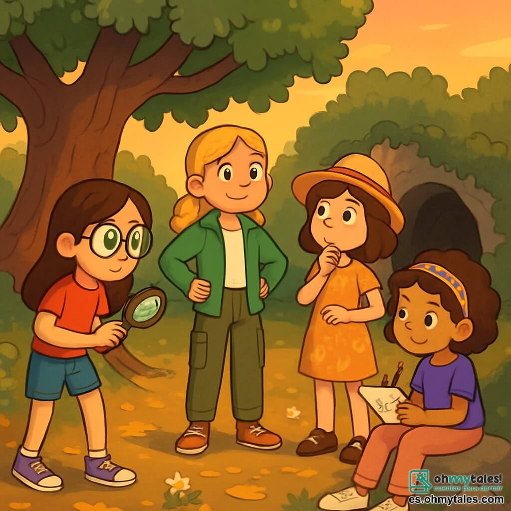 Hay 4 niños: - Valeria: una niña de 10 años, con largos cabellos castaños y gafas redondas. Lleva una camiseta roja y un short de mezclilla. Sostiene una lupa y observa atentamente a su alrededor. - Marta: una niña de 11 años, con trenzas rubias y una sonrisa valiente. Viste una chaqueta verde y pantalones cargo. Se mantiene erguida, lista para avanzar. - Irene: una niña de 10 años, con cabello castaño y ojos curiosos. Lleva un vestido de flores y un sombrero de paja. Observa los alrededores con aire pensativo. - Sofía: una niña de 9 años, con cabello rizado y una diadema colorida. Está vestida con una camiseta morada y pantalones rosas. Dibuja notas en un cuaderno, sentada sobre una piedra. Los niños están al pie de una gran encina antigua, con ramas anchas y hojas verdes brillantes. El suelo está cubierto de hojas doradas y pequeñas flores blancas. Al fondo, se vislumbra una cueva oscura, rodeada de arbustos densos y piedras cubiertas de musgo, mientras la luz del crepúsculo ilumina la escena con un suave resplandor naranja. La situación principal de la historia muestra a las cuatro amigas planeando su investigación sobre el Gran Lobo Feroz. Intercambian ideas con entusiasmo, rodeadas por la magia del crepúsculo, listas para descubrir la verdad detrás de las leyendas.