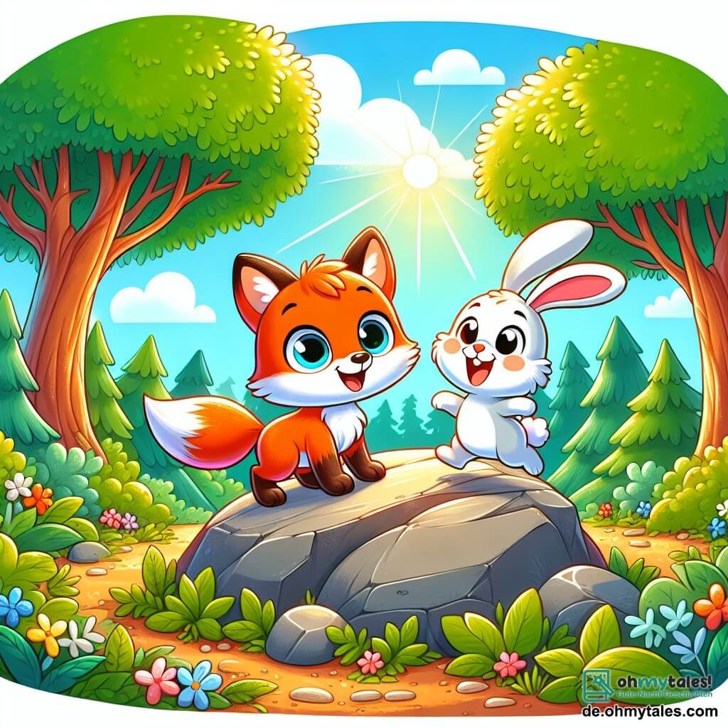 Ein kleiner, leuchtend orangefarbener Fuchs mit großen, neugierigen Augen und einem fröhlichen Lächeln steht auf einem großen Felsen in einem grünen Wald. Er schaut begeistert seinen Freund an, einen kleinen, langohrigen weißen Hasen, der fröhlich neben ihm springt und ein glückliches Gesicht zeigt. Der Wald ist voller majestätischer Bäume mit leuchtend grünen Blättern, und der Boden ist mit bunten Blumen und goldenen Blättern bedeckt. Sonnenlicht filtert durch die Äste und schafft tanzende Schatten auf dem Boden. In dieser Szene spielen der Fuchs und der Hase zusammen, lachen und rennen um den Felsen, während sie ihre schöne Freundschaft unter einem klaren blauen Himmel mit einigen weißen Wolken feiern.