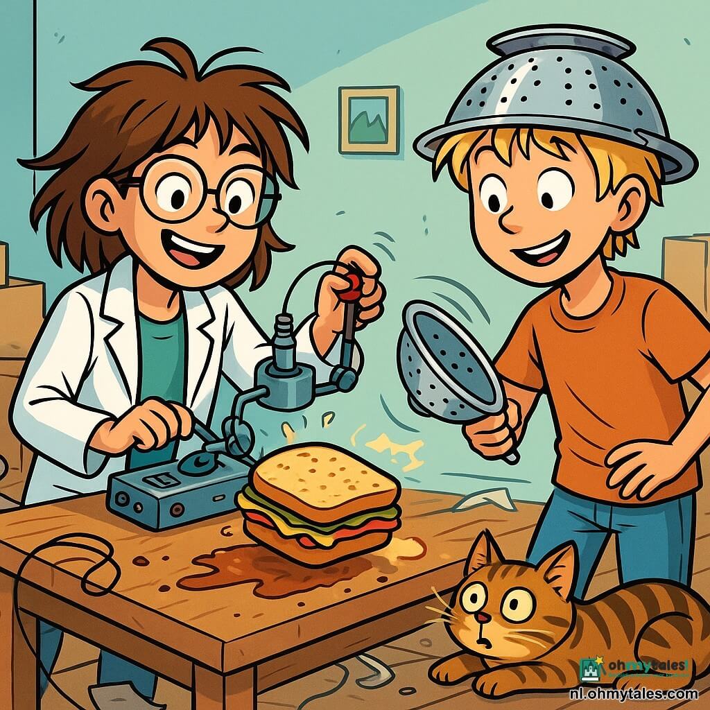 Nina, een 11-jarig meisje met rommelig bruin haar, draagt een groot wit laboratoriumjasje en een veiligheidsbril. Ze heeft een enthousiaste glimlach en nieuwsgierige ogen terwijl ze een vreemd apparaat op haar bureau afstelt. Naast haar staat Teun, haar 13-jarige broer met wild blond haar en een vrolijke uitstraling, hij draagt een kookschort en houdt een vergiet vast, klaar om het ontsnapte brood op te vangen. Hun kat, Vosje, een klein getijgerd katje, ligt op de grond met grote ogen en kijkt verrast naar het rollende brood. De scène speelt zich af in een rommelige kamer vol dozen, elektrische draden en verspreide papieren, met een houten bureau waarop de beroemde "Eeuwige Broodje" ligt, een kleurrijke sandwich die lijkt te trillen van energie. Nina, enthousiast over haar uitvinding, heeft een mechanisme geactiveerd dat het brood met hoge snelheid laat rollen, terwijl Teun probeert het met zijn vergiet te vangen.